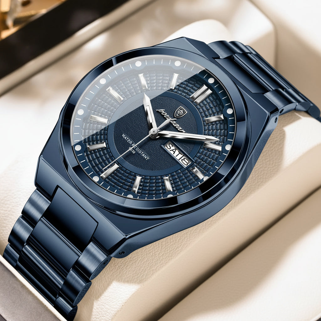 Full Calendar Sport Watch – Luminous Dial with Hidden Clasp Bracelet