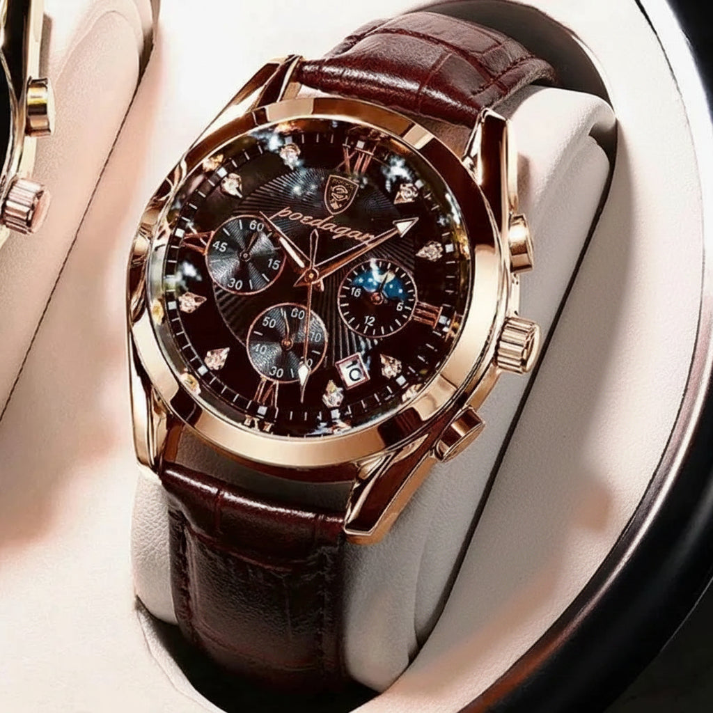 Roman Numeral Leather Watch – Luminous Dial with Full Calendar