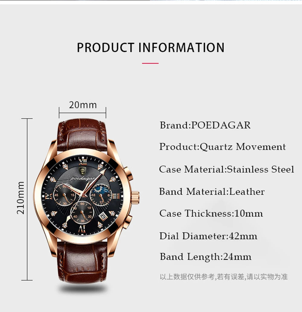 Roman Numeral Leather Watch – Luminous Dial with Full Calendar