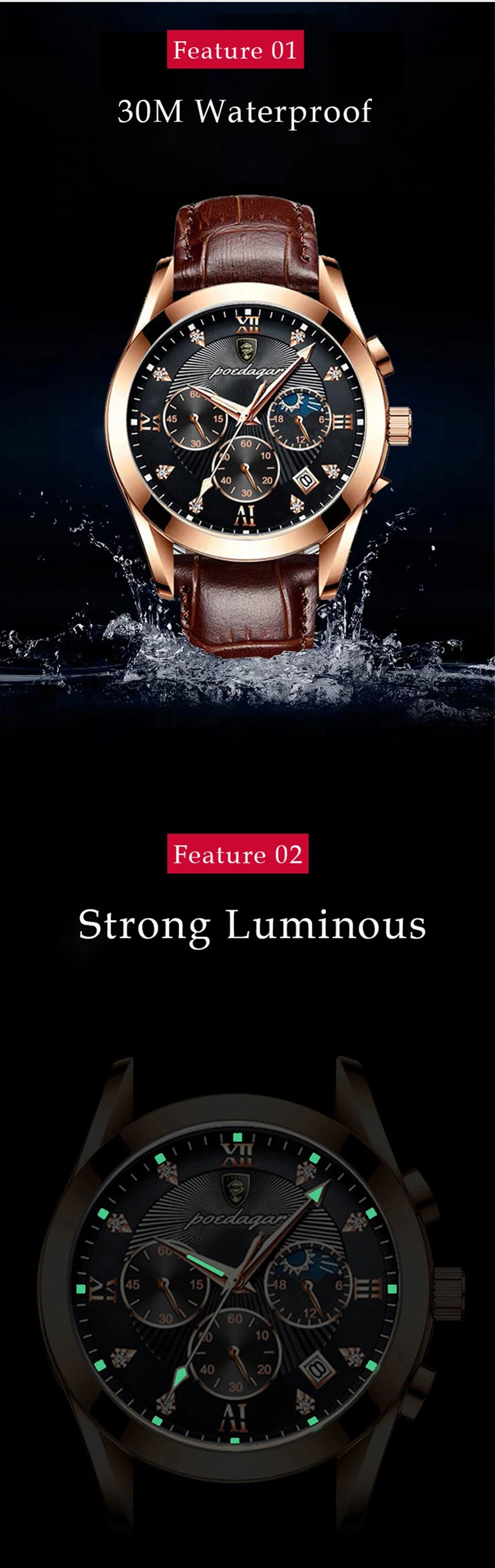 Roman Numeral Leather Watch – Luminous Dial with Full Calendar