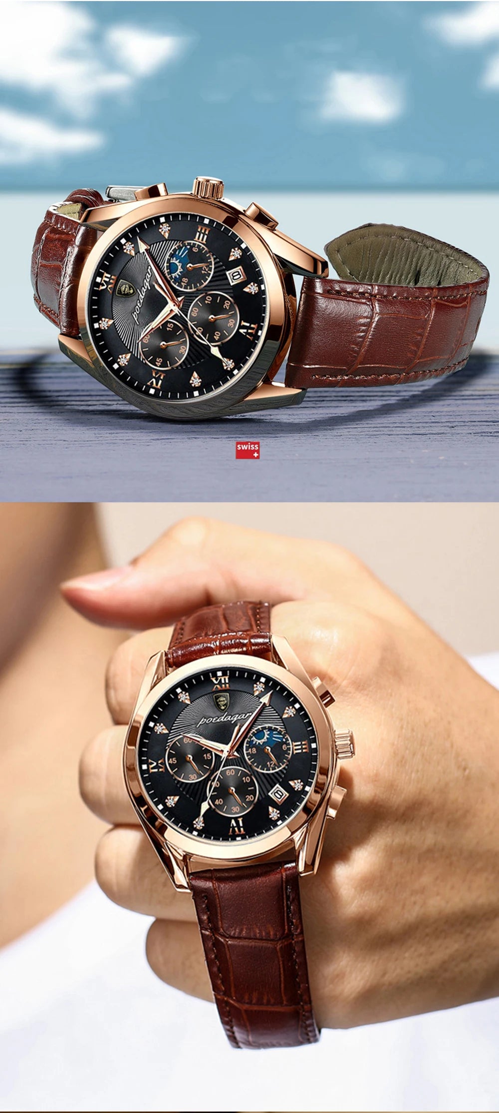 Roman Numeral Leather Watch – Luminous Dial with Full Calendar