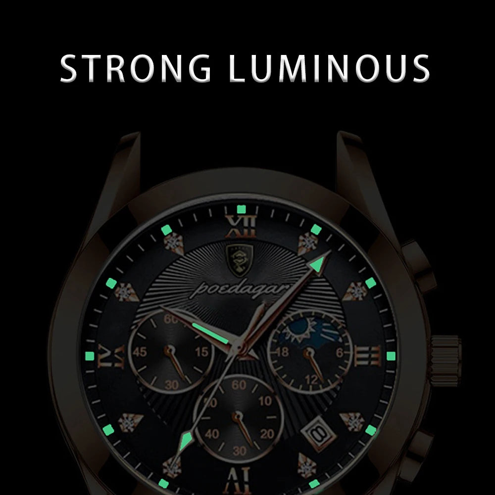 Roman Numeral Leather Watch – Luminous Dial with Full Calendar