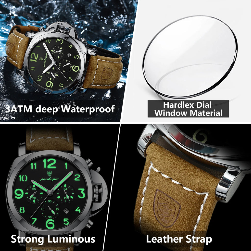 Military Style Chronograph Watch – Luminous Leather Strap with Date