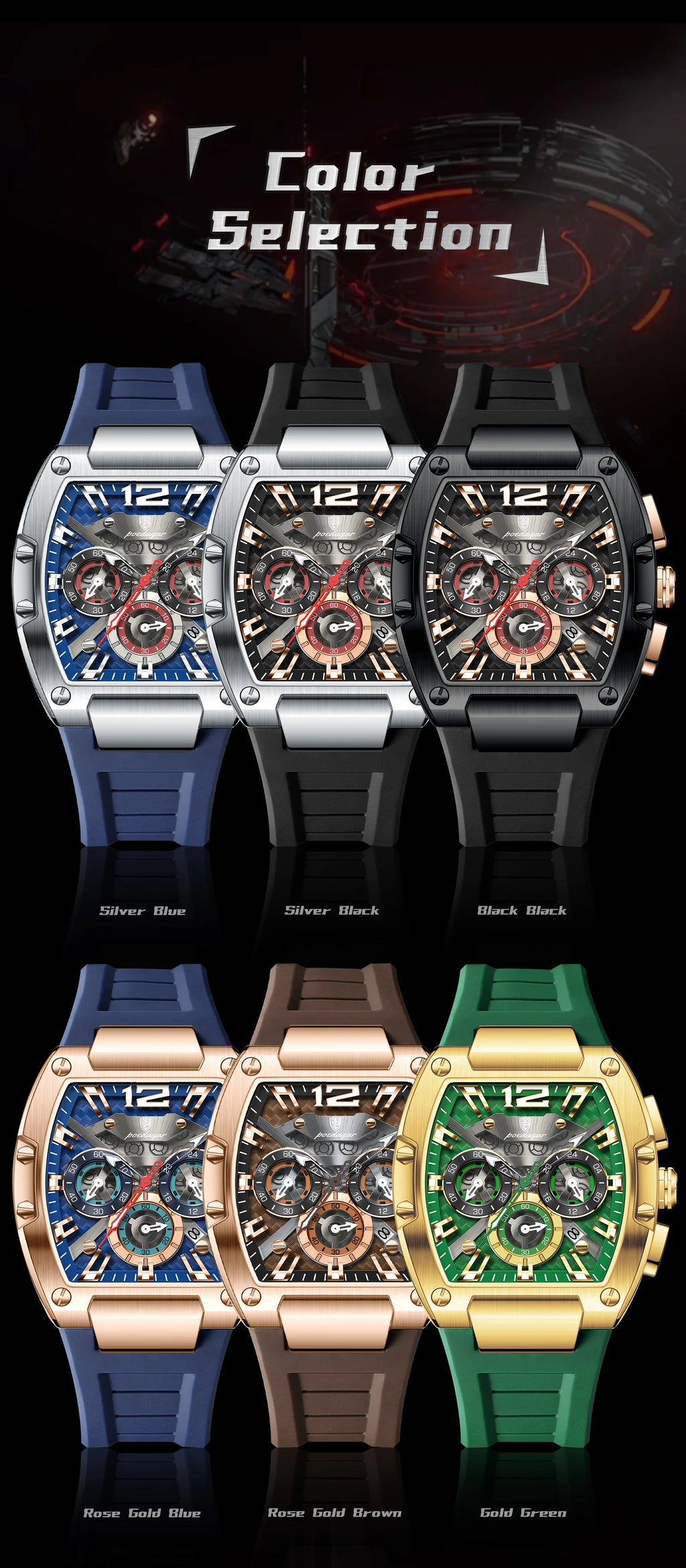 Bold Tonneau Timepiece – Luminous Chronograph with Premium Silicone Strap