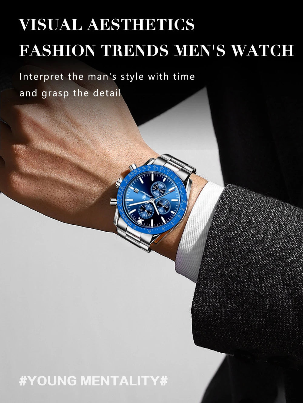 Dress Chronograph Watch – Luminous Dial with Safety Clasp Bracelet