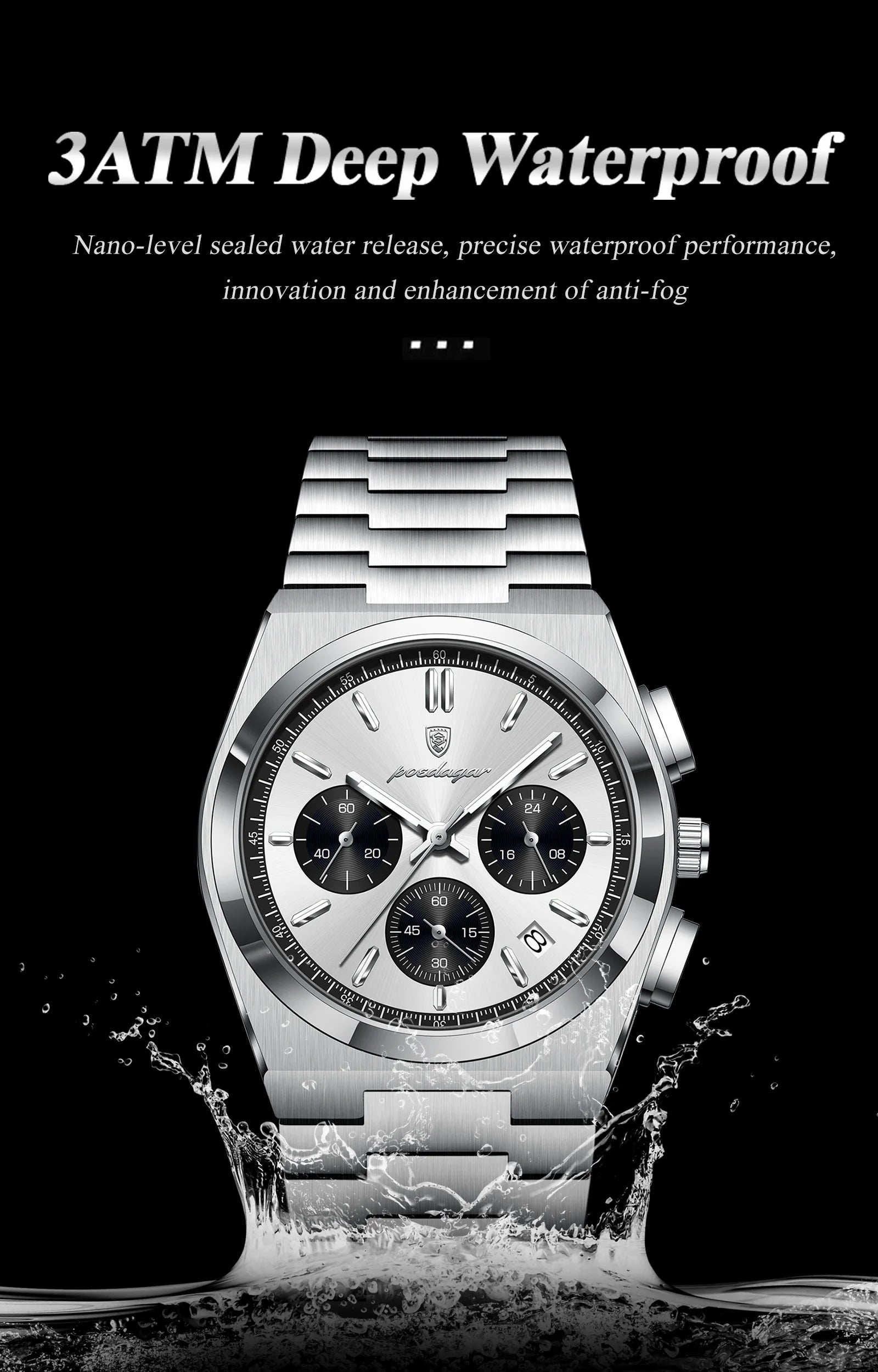 Chronograph Watch – Luminous Numberless Dial with Hidden Clasp