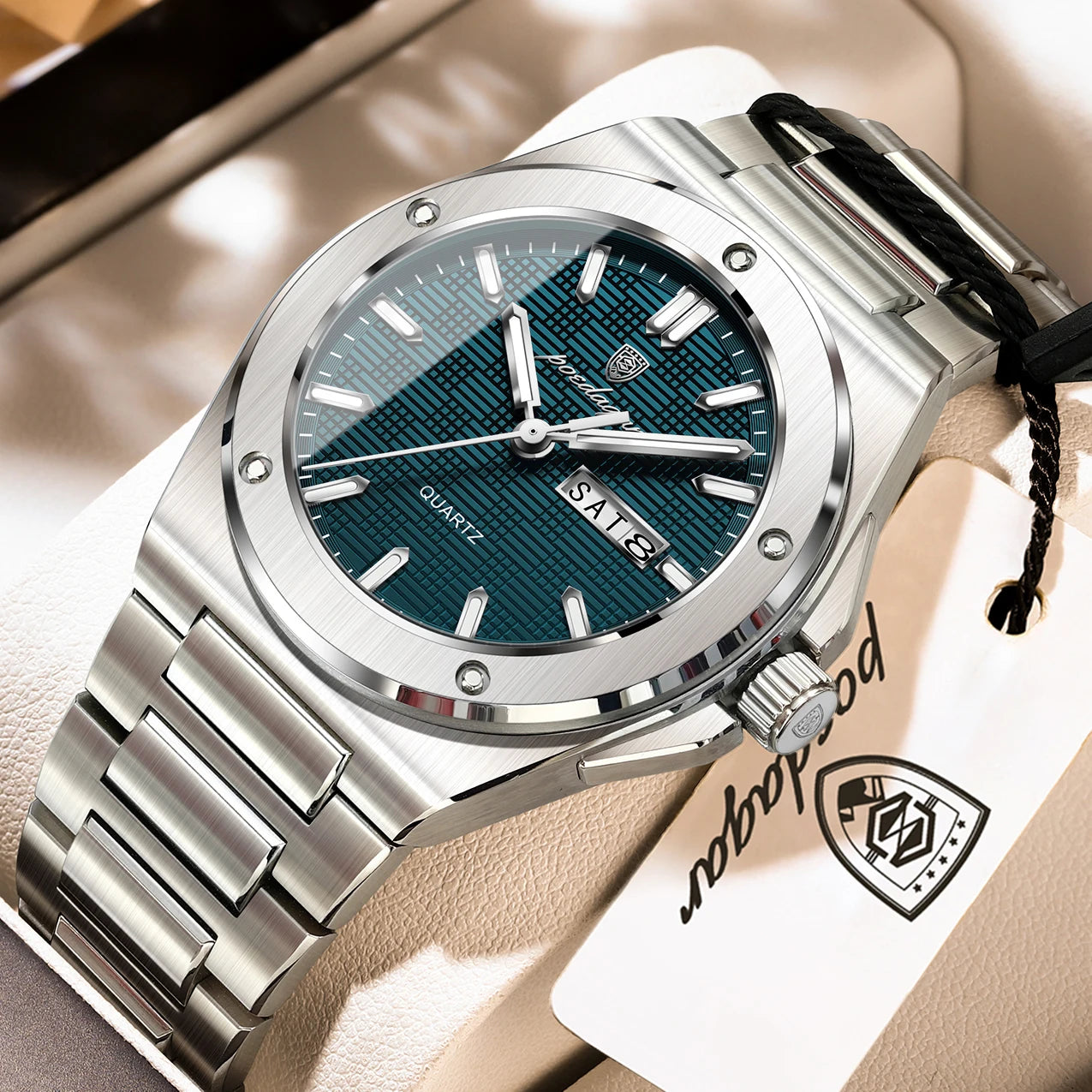 Full Calendar Business Watch – Luminous Stainless Steel with Hidden Clasp Bracelet