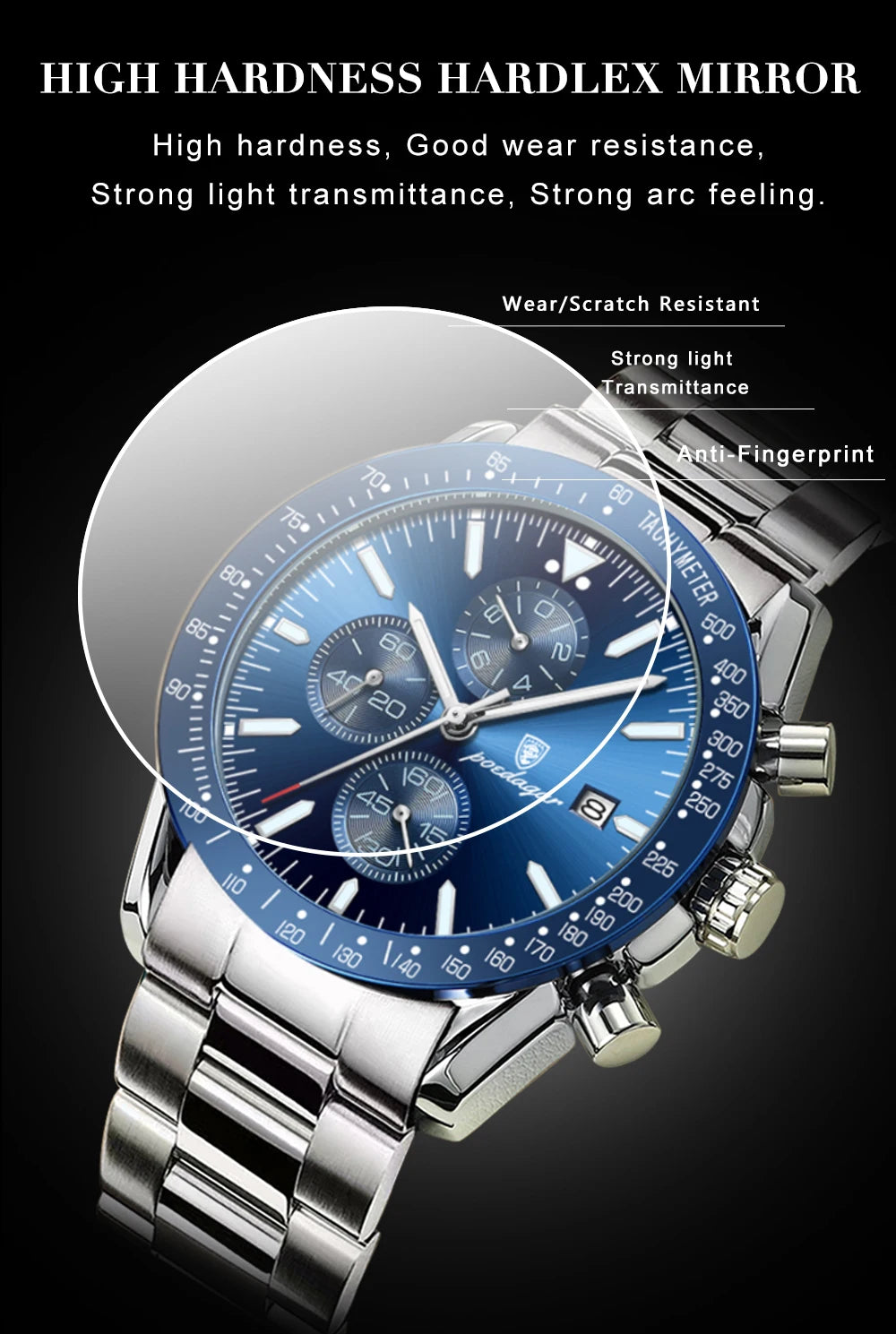 Dress Chronograph Watch – Luminous Dial with Safety Clasp Bracelet