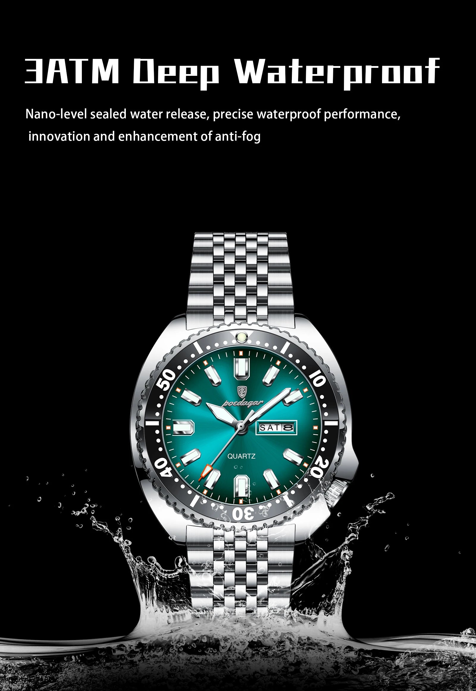 Large Full Calendar Watch – Luminous Dial with Hidden Clasp Bracelet