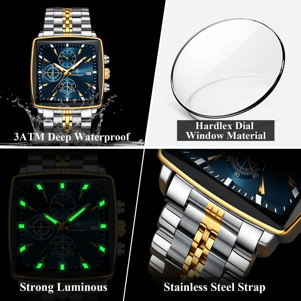 Square Chronograph Watch – Numberless Dial with Hidden Clasp Bracelet