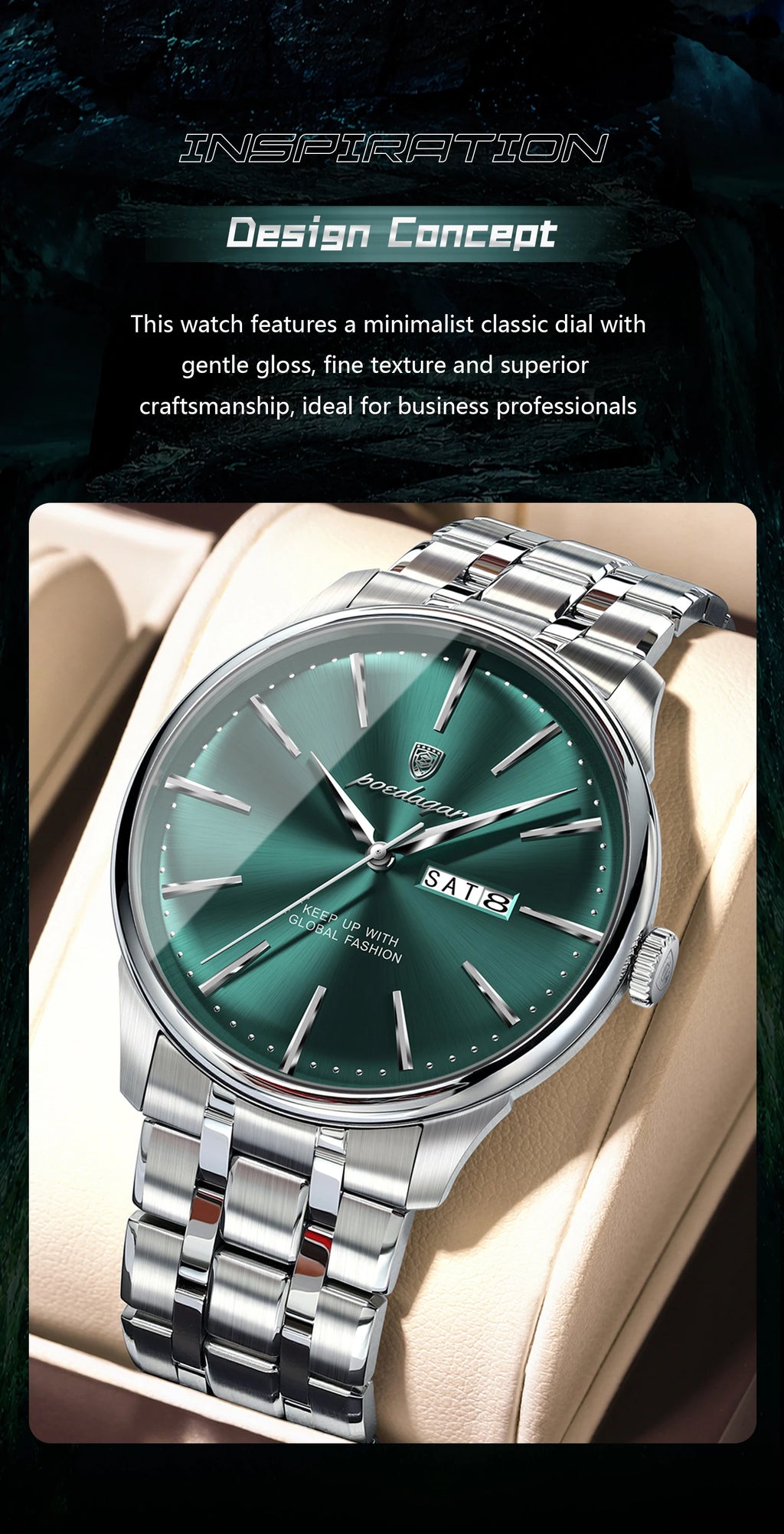 Full Calendar Stainless Steel Watch – Date & Week Display with Hidden Clasp