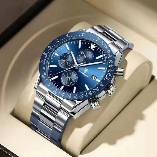 Dress Chronograph Watch – Luminous Dial with Safety Clasp Bracelet