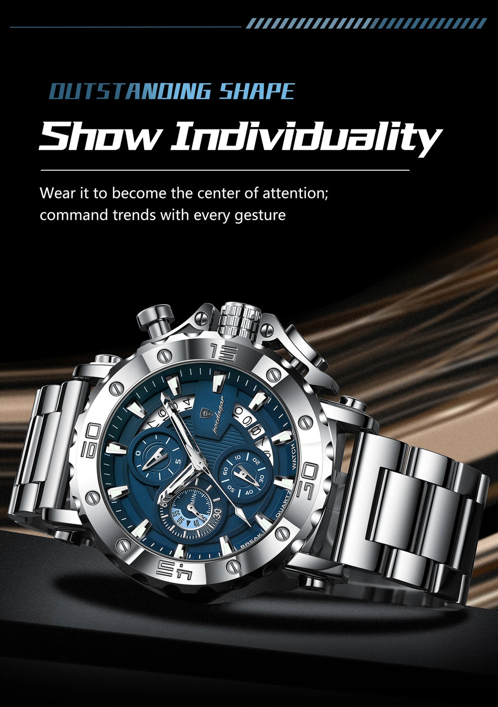 Large Chronograph Watch – Luminous Numberless Dial with Hidden Clasp