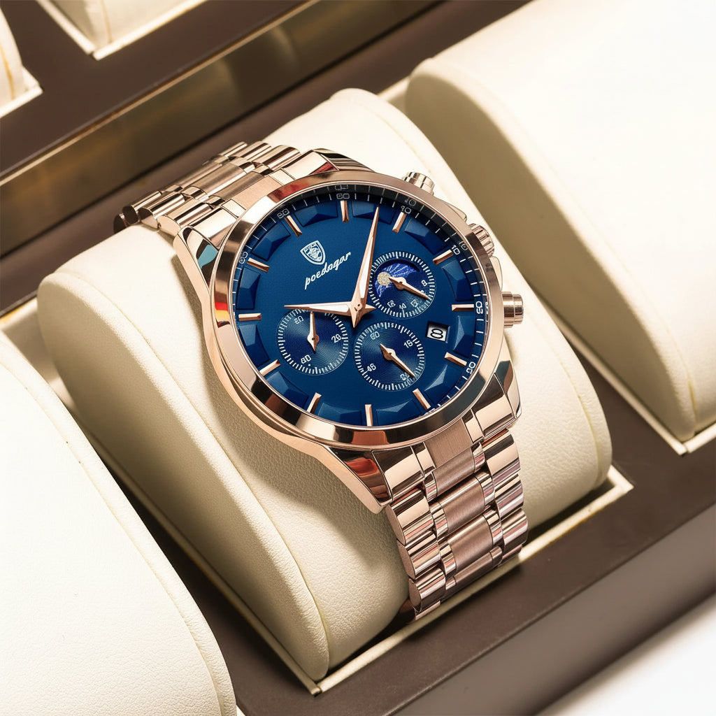 Moon Phase Full Calendar Watch – Luminous Dial with Stainless Steel Bracelet