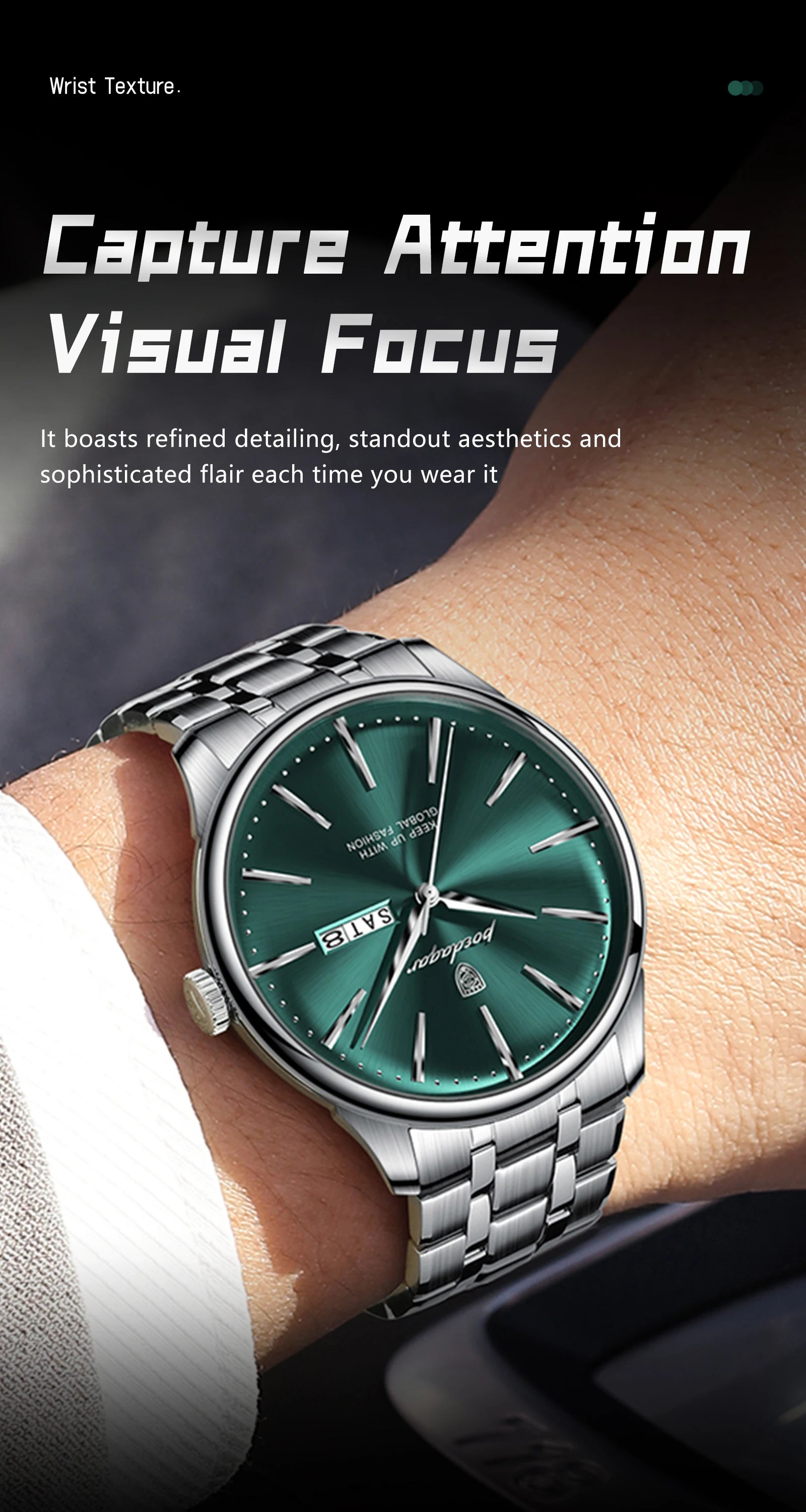 Full Calendar Stainless Steel Watch – Date & Week Display with Hidden Clasp