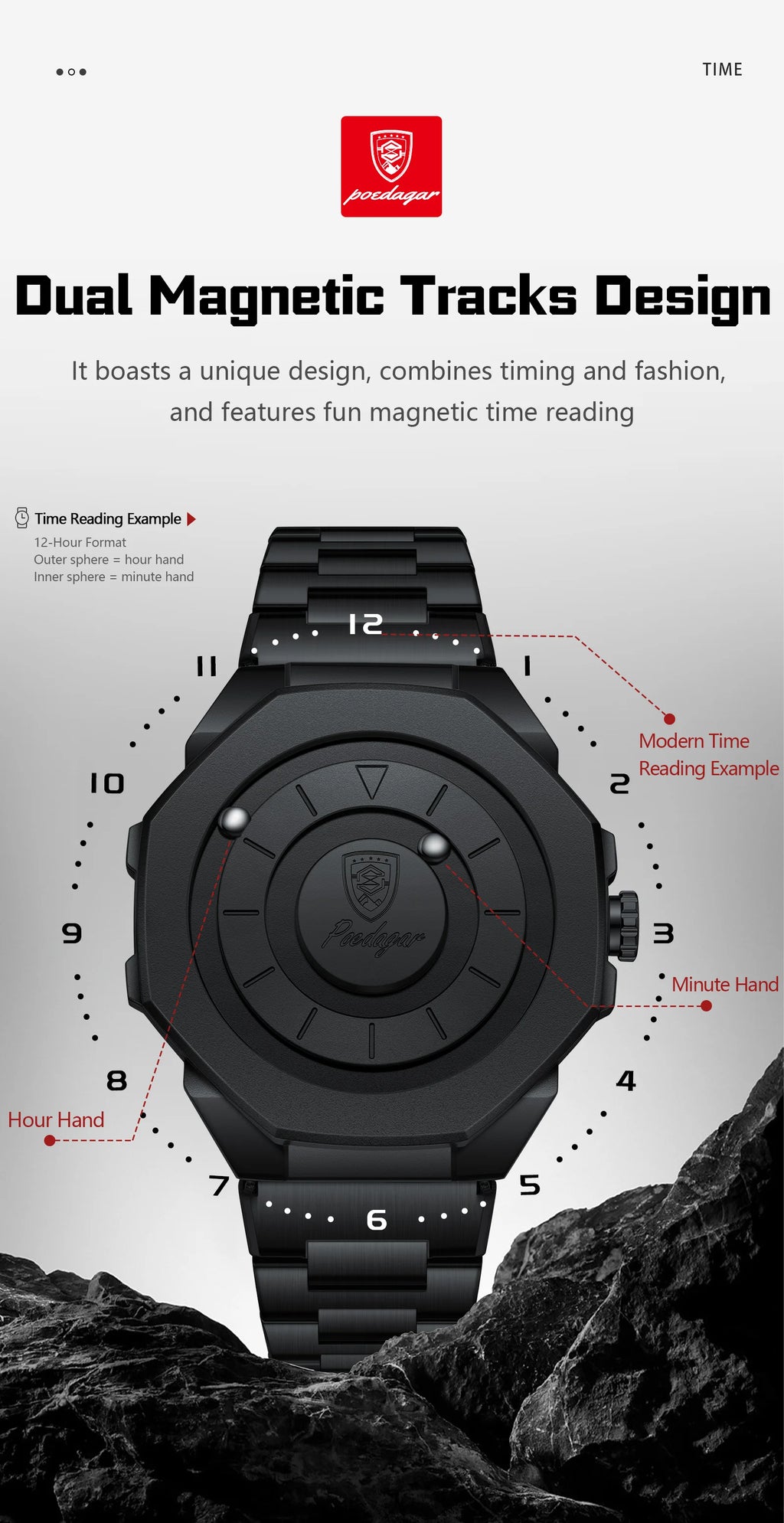 Sculpted Irregular Sport Watch – Large Numberless Dial with Hidden Clasp Bracelet