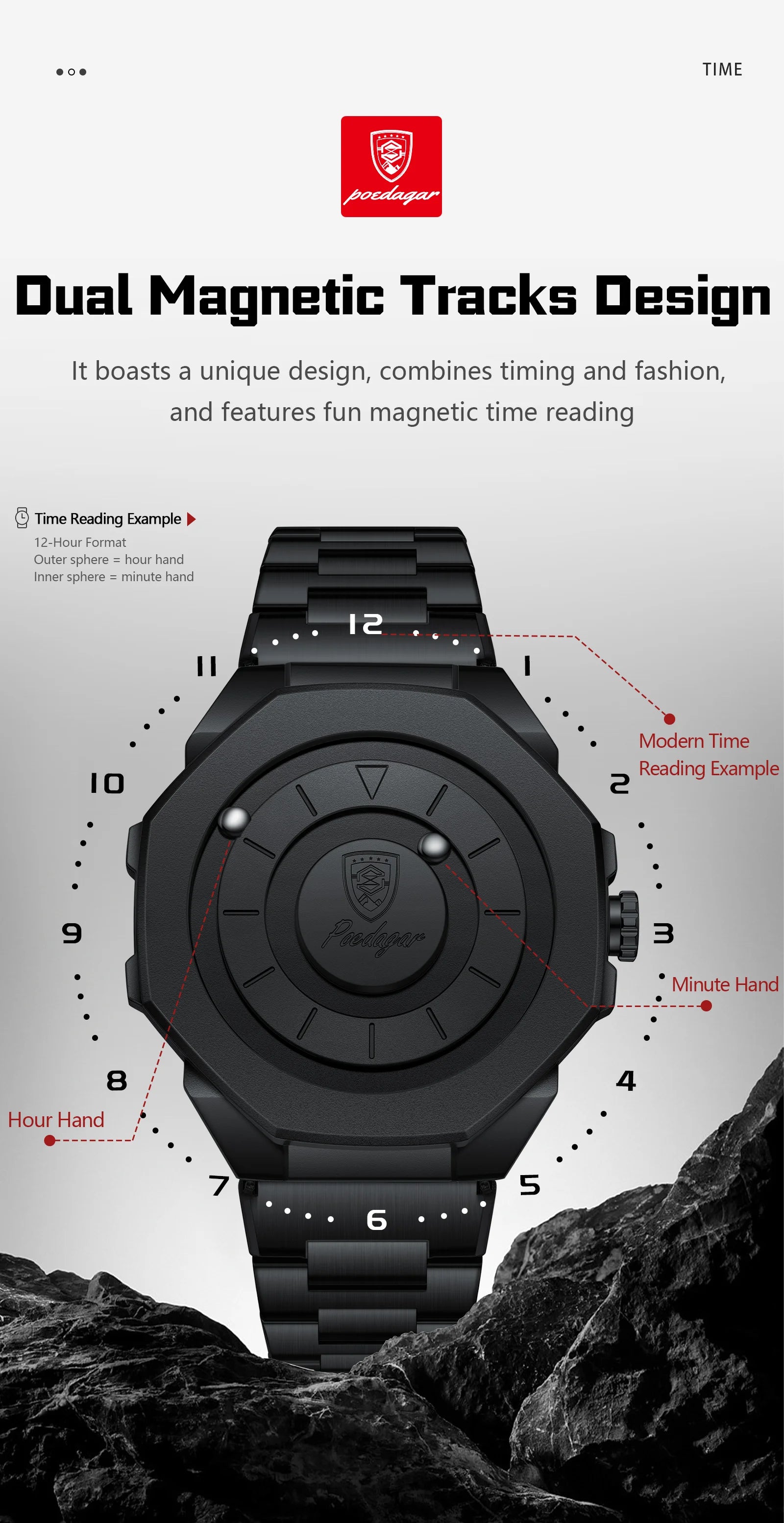 Sculpted Irregular Sport Watch – Large Numberless Dial with Hidden Clasp Bracelet