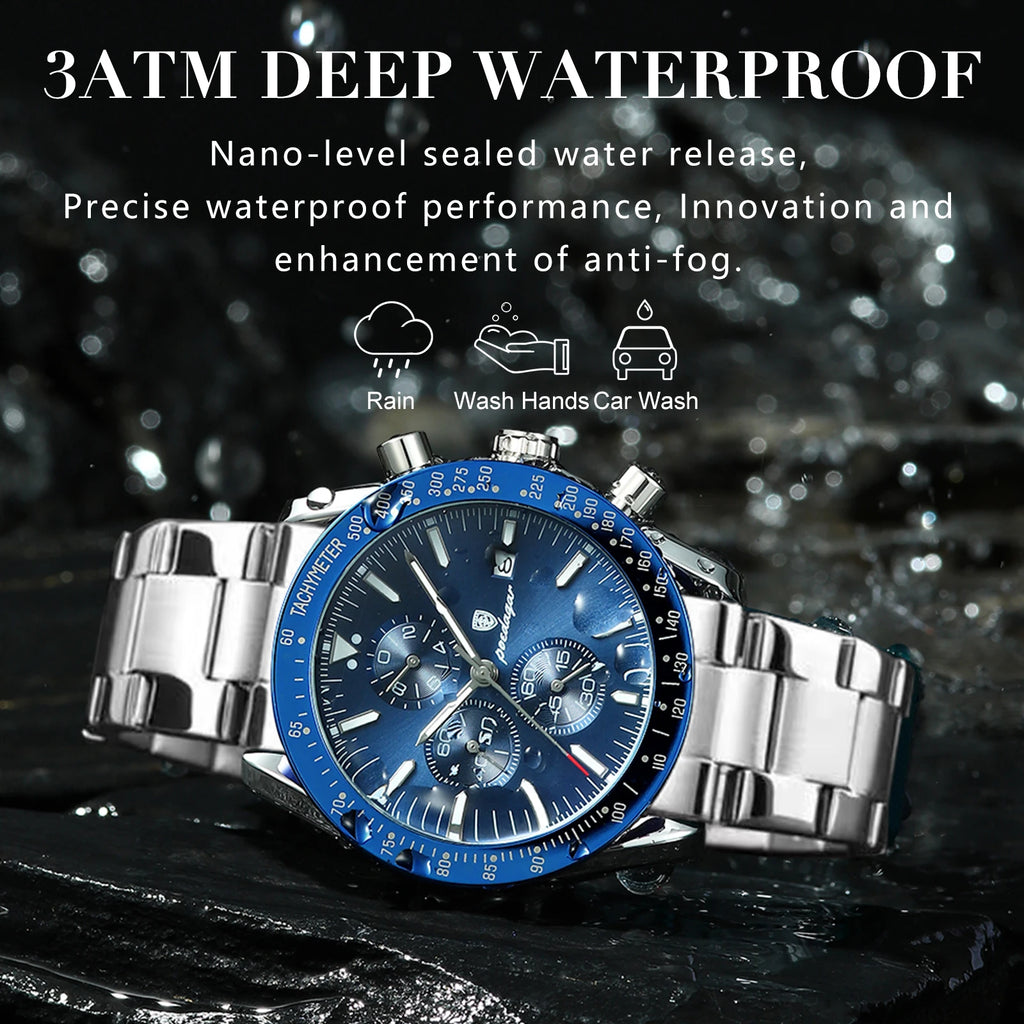 Dress Chronograph Watch – Luminous Dial with Safety Clasp Bracelet