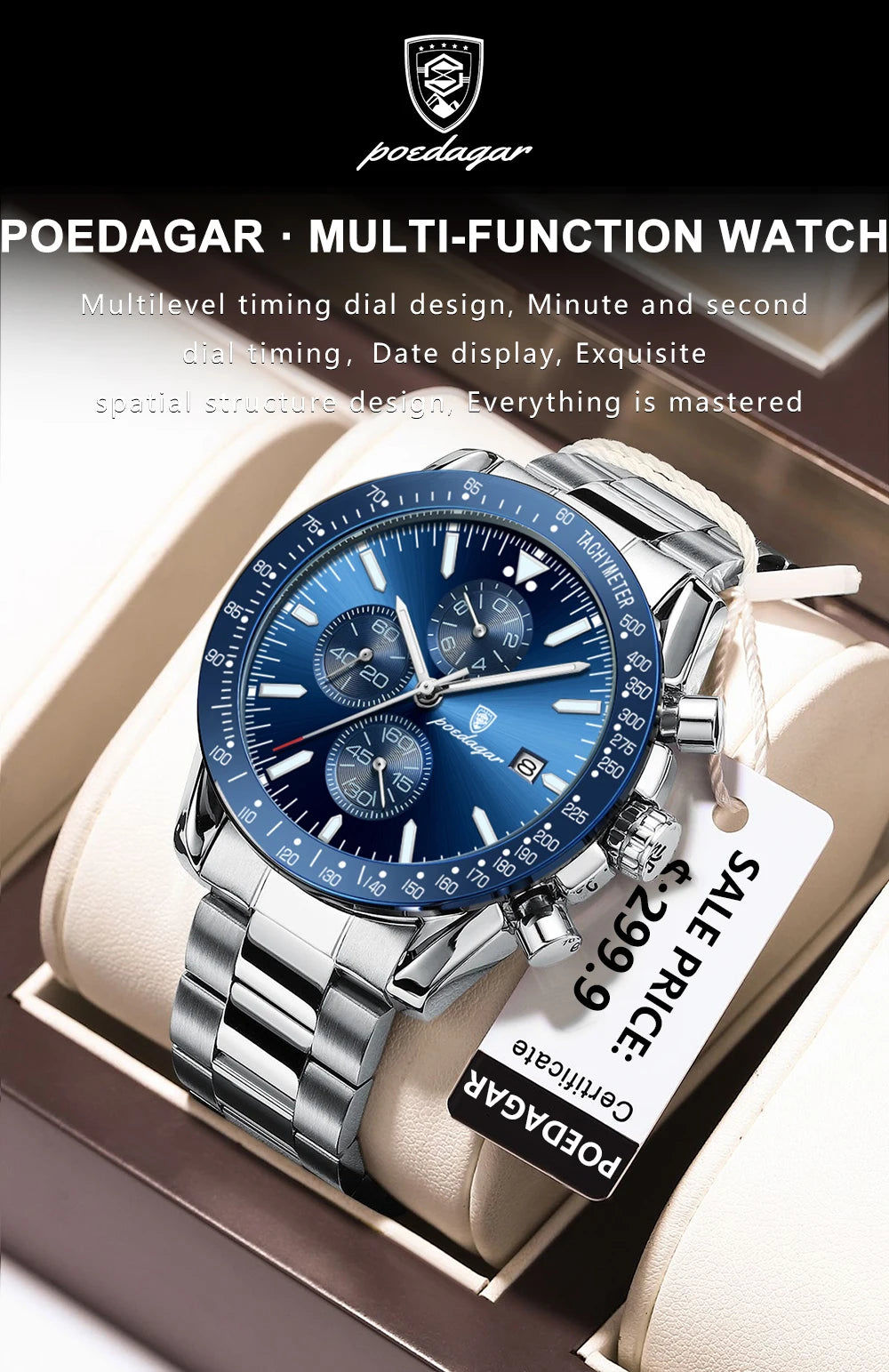 Dress Chronograph Watch – Luminous Dial with Safety Clasp Bracelet