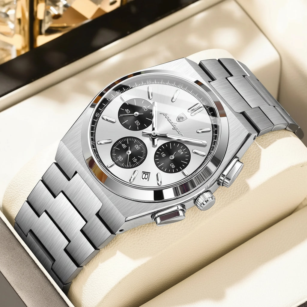 Chronograph Watch – Luminous Numberless Dial with Hidden Clasp