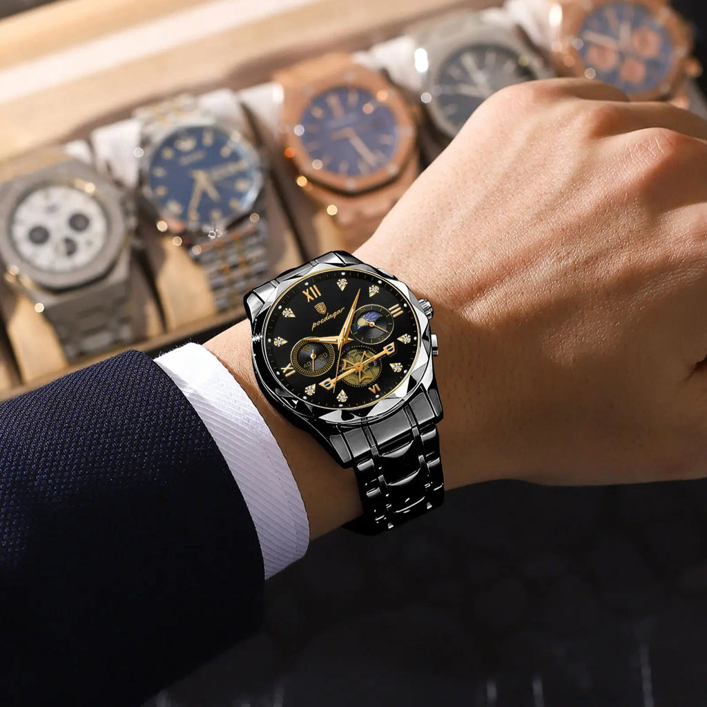 Round Chronograph Watch – Roman Numeral Dial with Hidden Clasp Bracelet