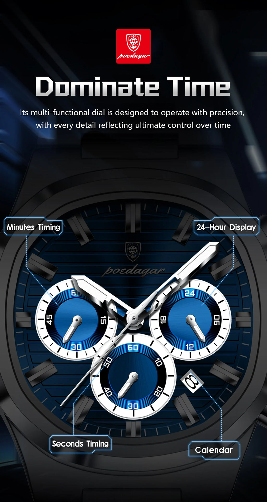 Square Chronograph Watch – Luxe Leather Strap with Luminous Dial & Date