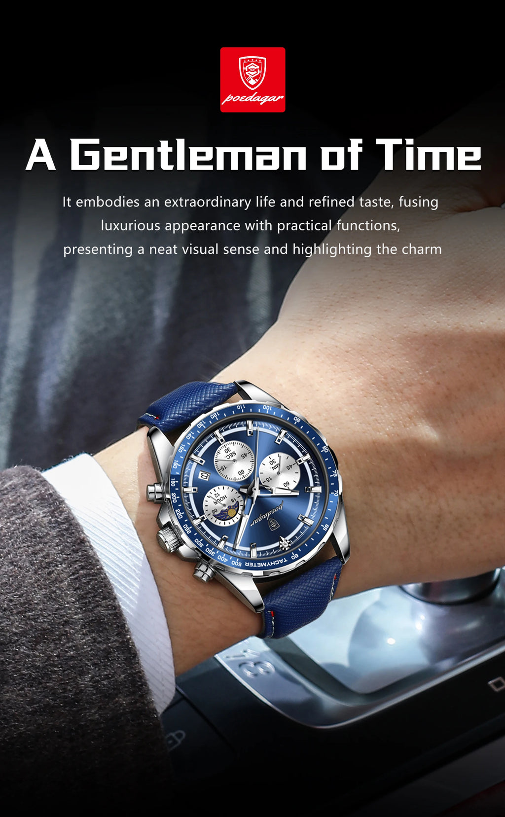Leather Chronograph Watch – Luminous Dial with Date