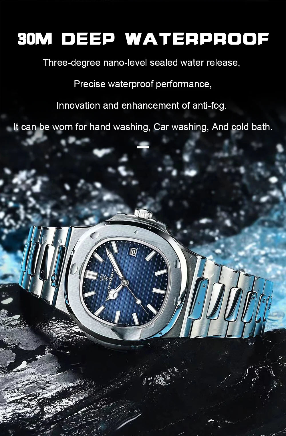 Square Business Watch – Luminous Numberless Dial with Hidden Clasp