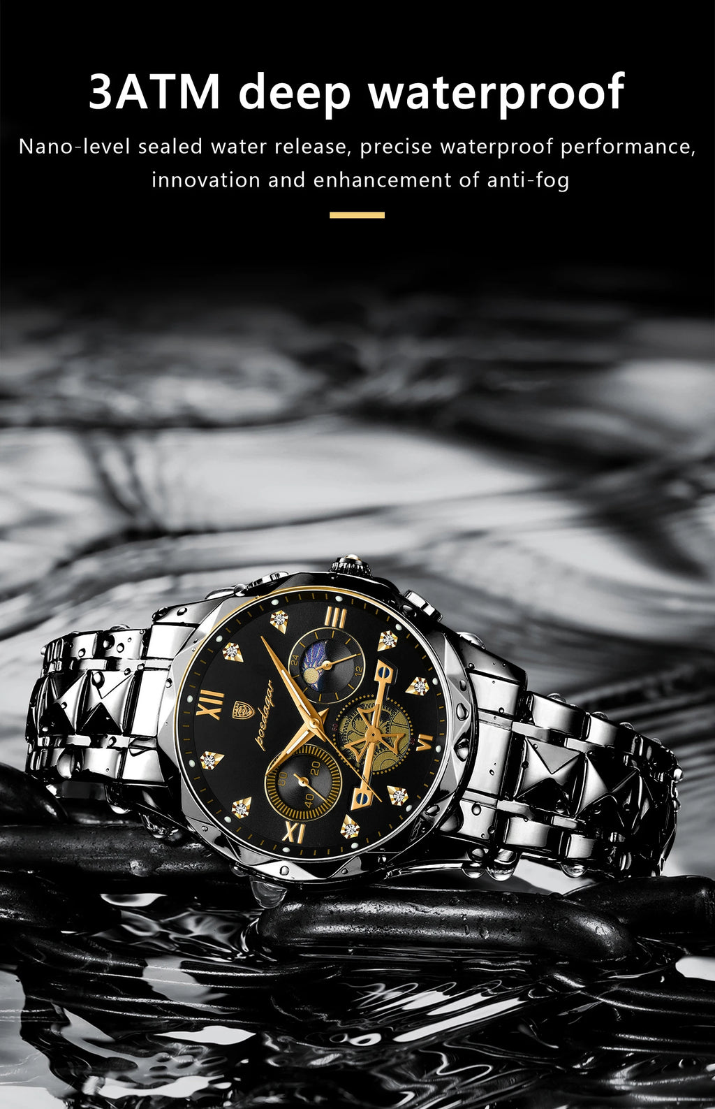 Round Chronograph Watch – Roman Numeral Dial with Hidden Clasp Bracelet