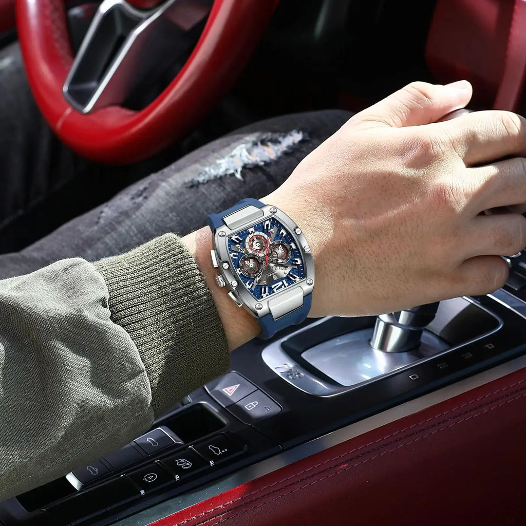 Tonneau Chronograph Watch – Luminous Arabic Dial with Silicone Strap