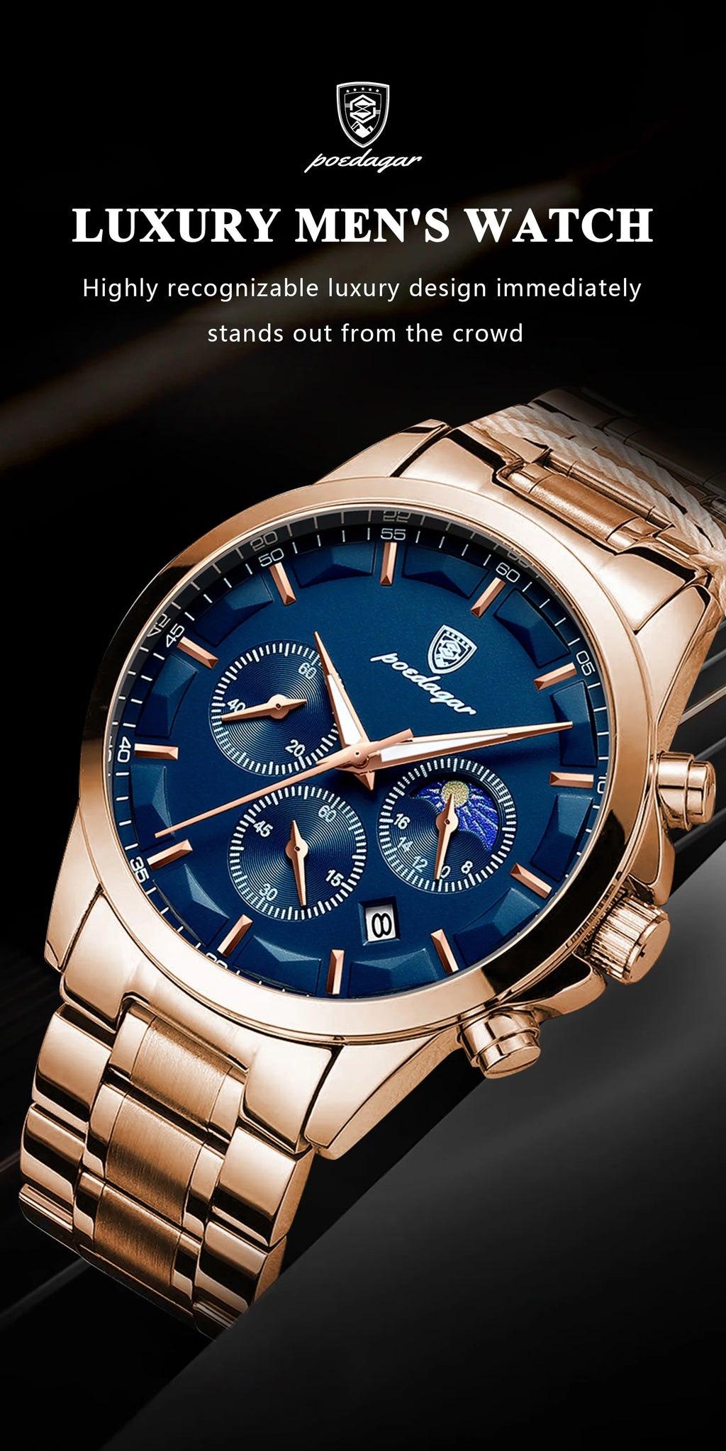 Moon Phase Full Calendar Watch – Luminous Dial with Stainless Steel Bracelet