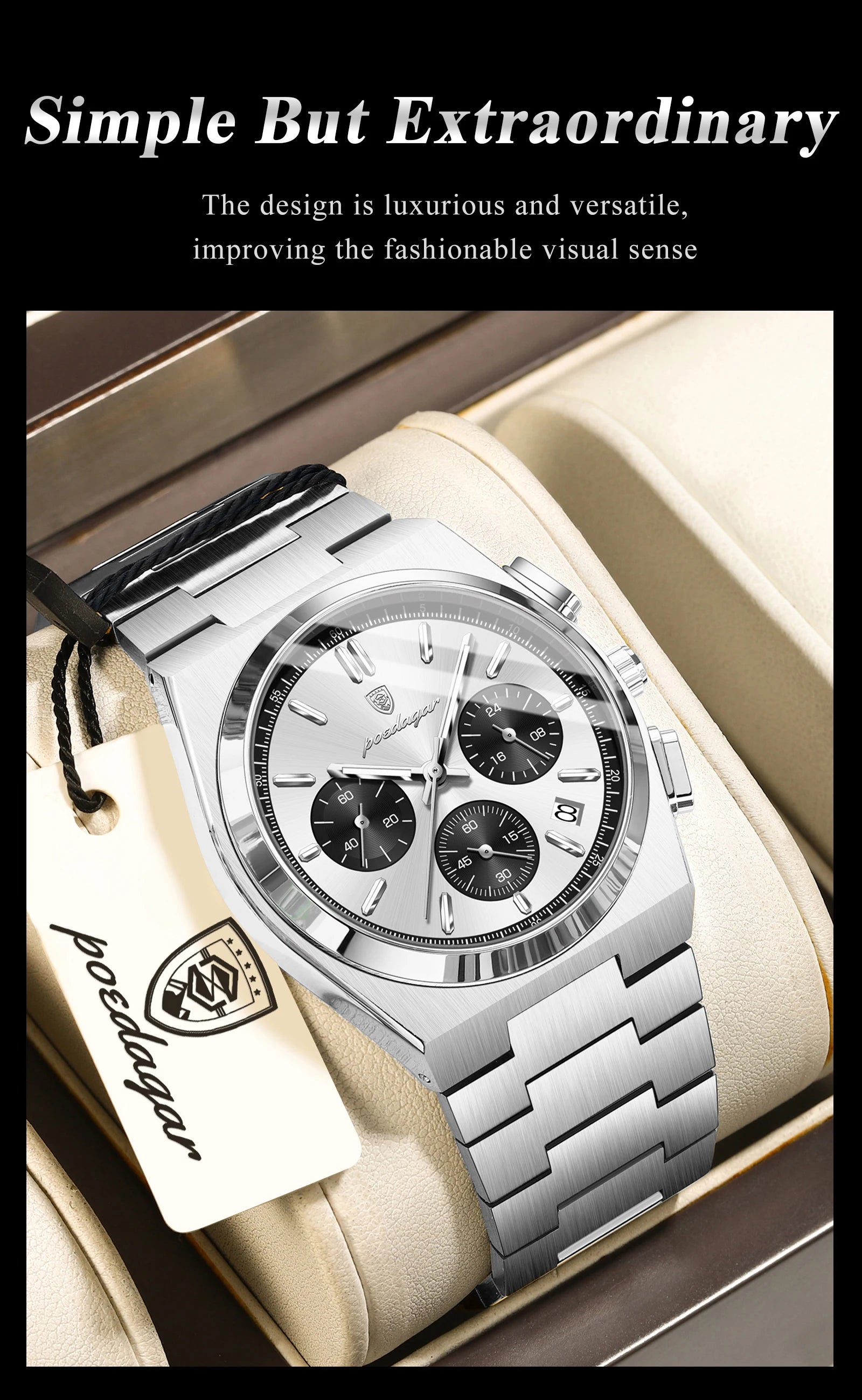 Chronograph Watch – Luminous Numberless Dial with Hidden Clasp