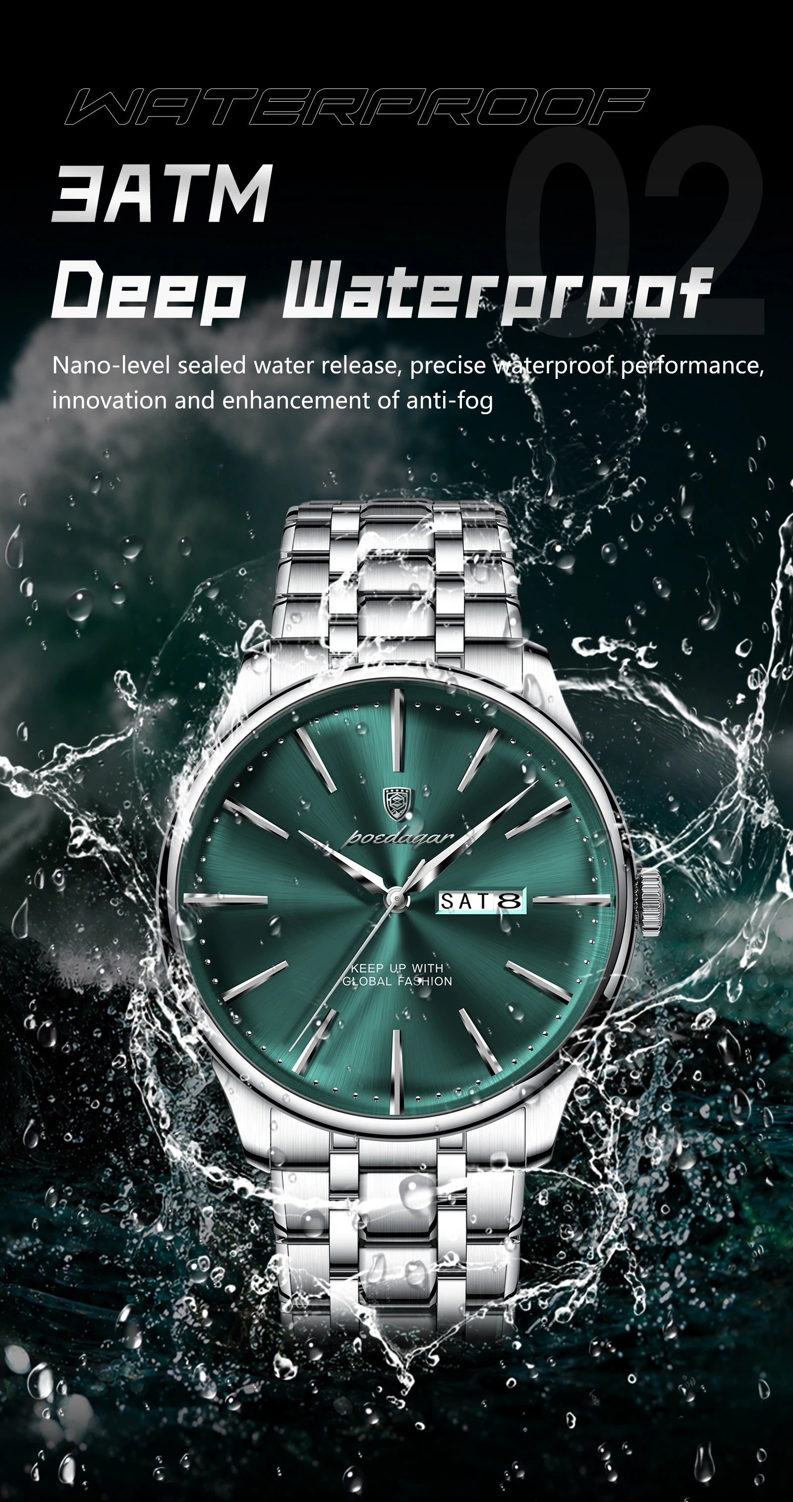 Full Calendar Stainless Steel Watch – Date & Week Display with Hidden Clasp