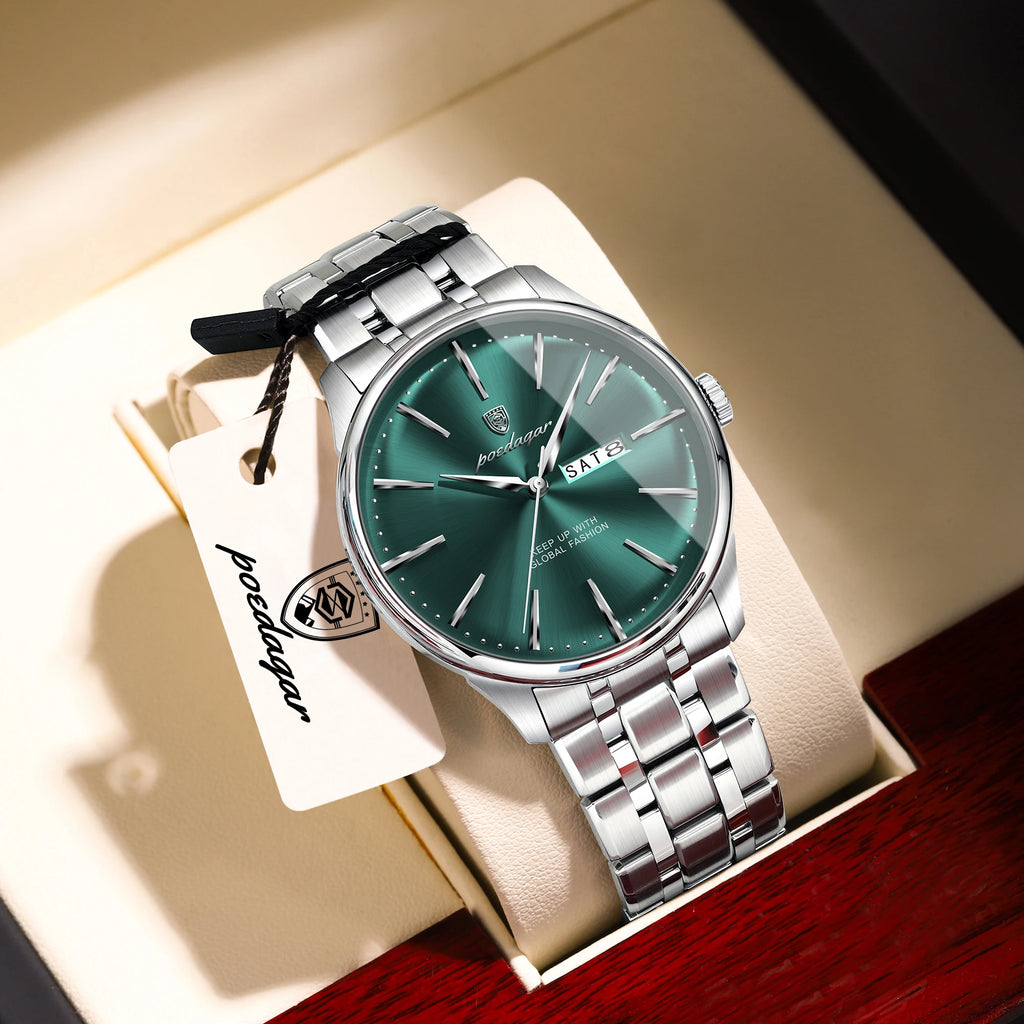 Full Calendar Stainless Steel Watch – Date & Week Display with Hidden Clasp