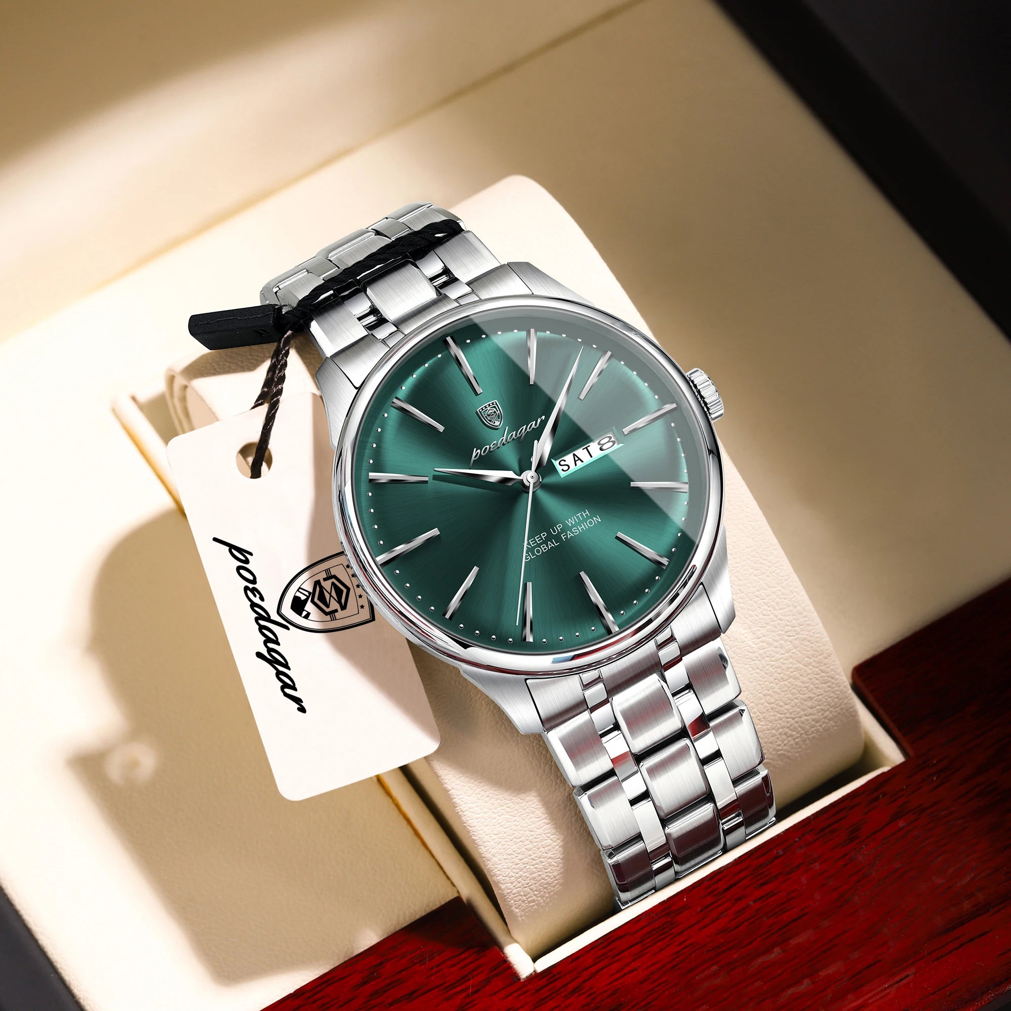 Full Calendar Stainless Steel Watch – Date & Week Display with Hidden Clasp