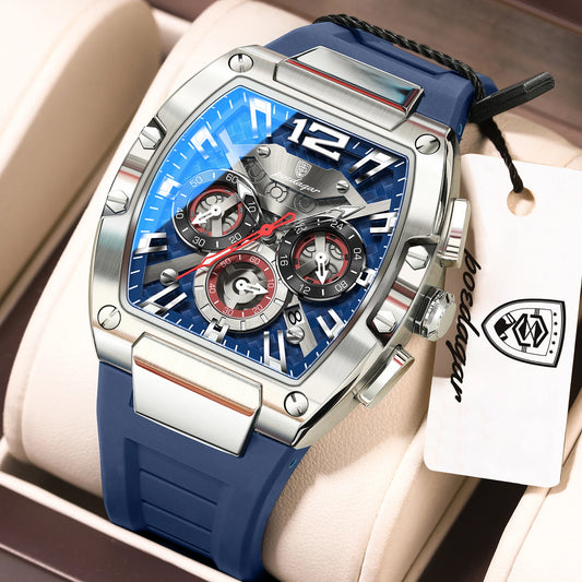 Bold Tonneau Timepiece – Luminous Chronograph with Premium Silicone Strap