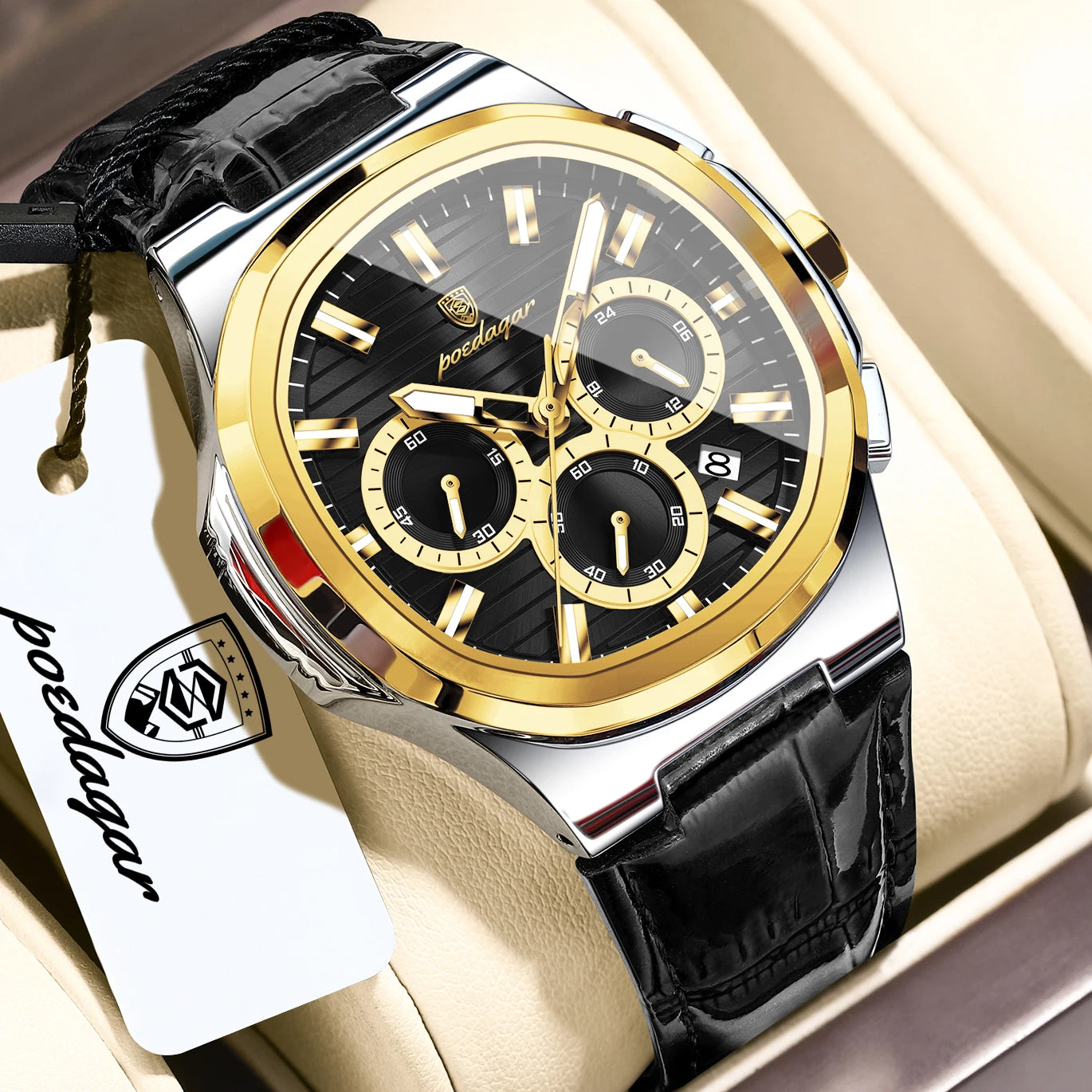 Square Chronograph Watch – Luxe Leather Strap with Luminous Dial & Date