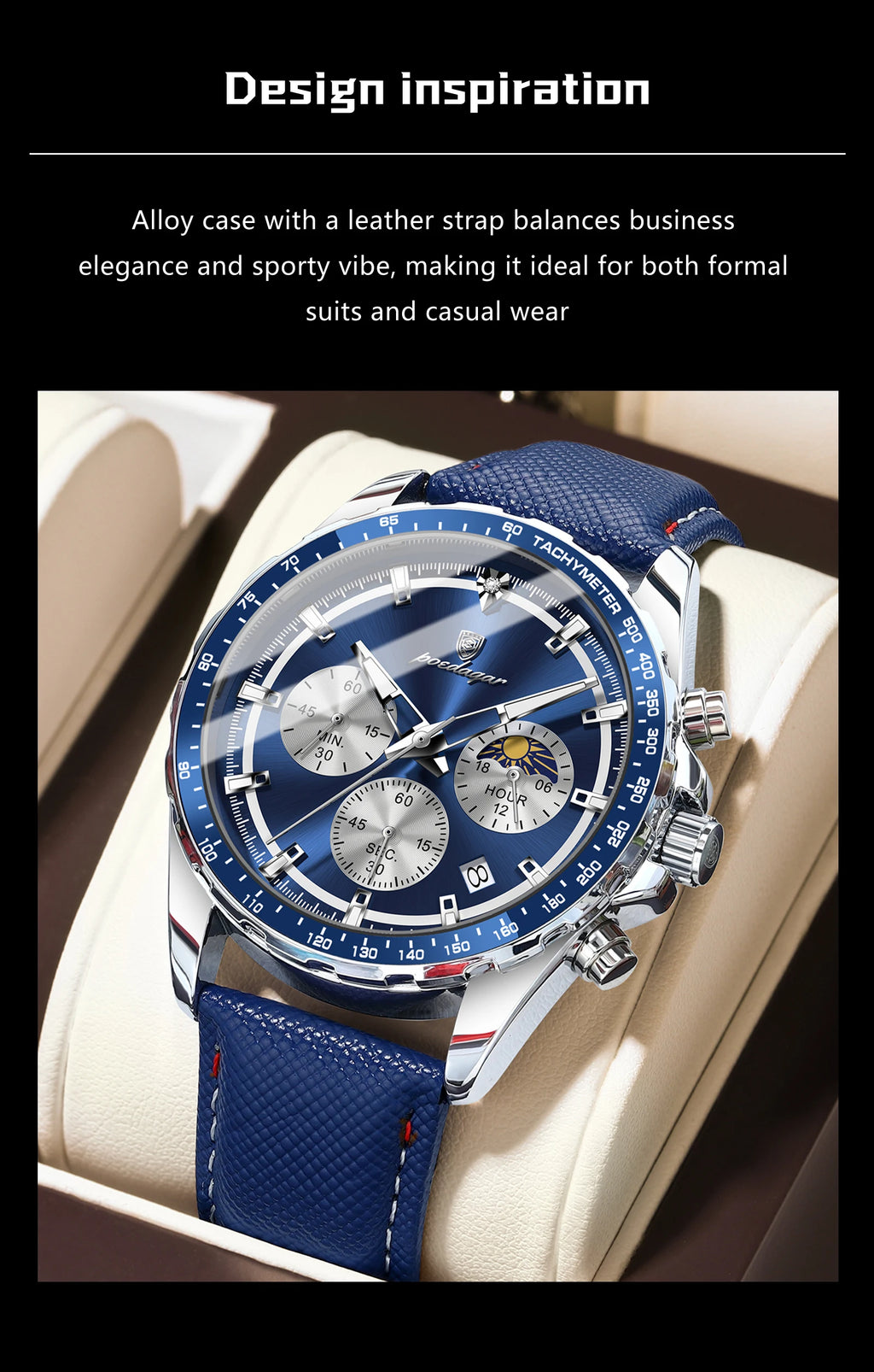 Leather Chronograph Watch – Luminous Dial with Date