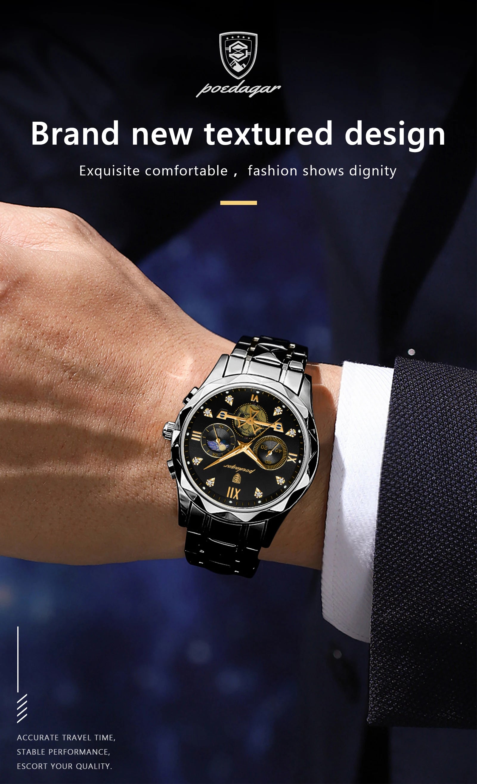 Round Chronograph Watch – Roman Numeral Dial with Hidden Clasp Bracelet