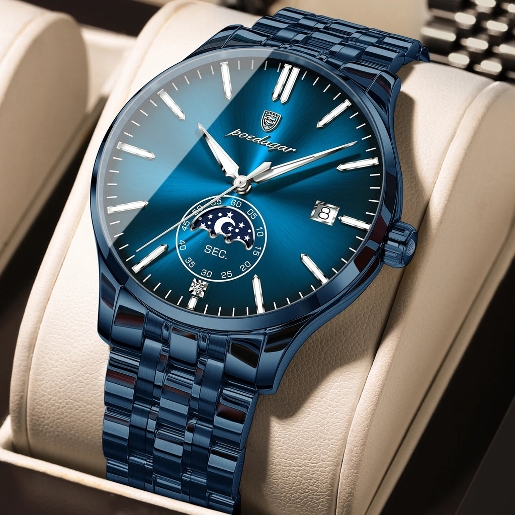 Round Business Chronograph – Slim Stainless Steel Watch with Luminous Hands & Date