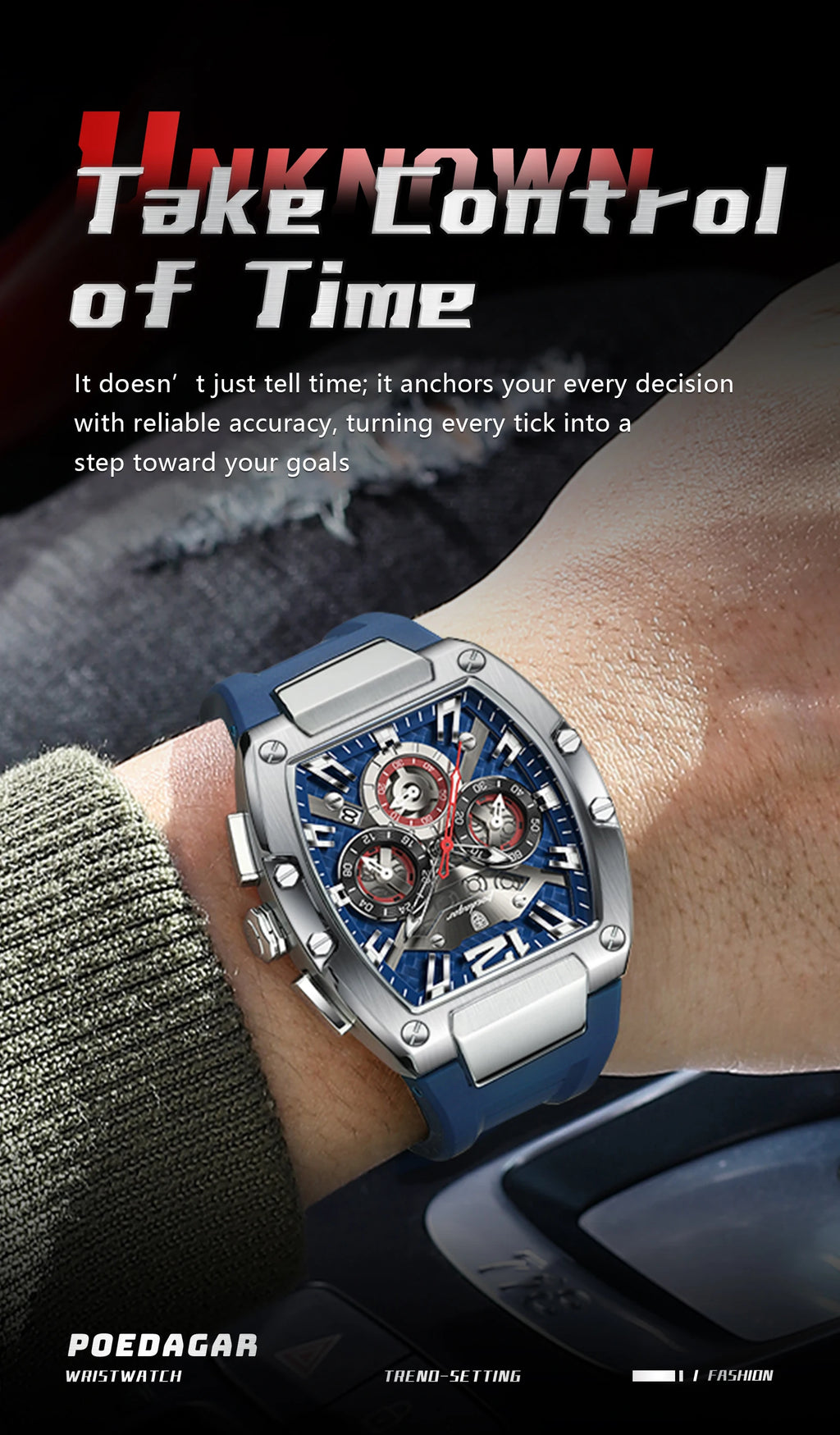 Bold Tonneau Timepiece – Luminous Chronograph with Premium Silicone Strap