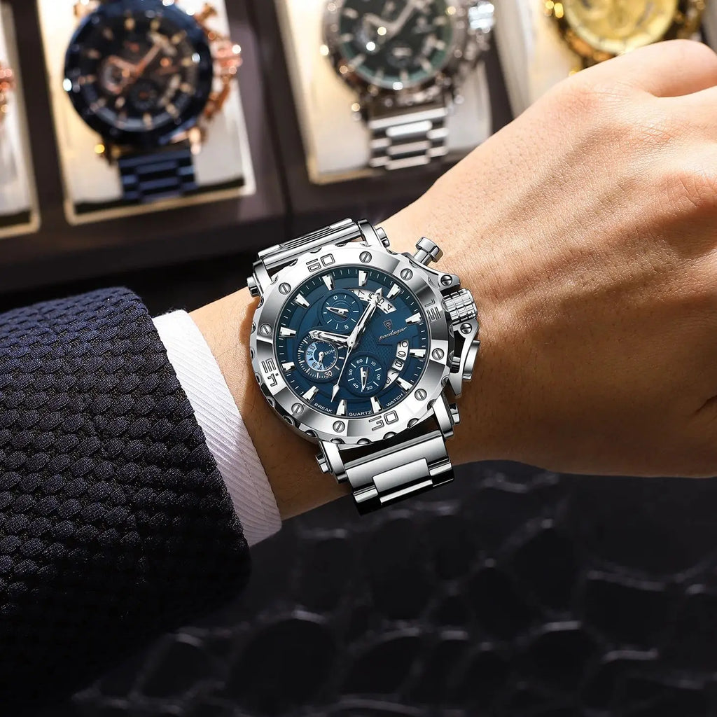 Large Chronograph Watch – Luminous Numberless Dial with Hidden Clasp