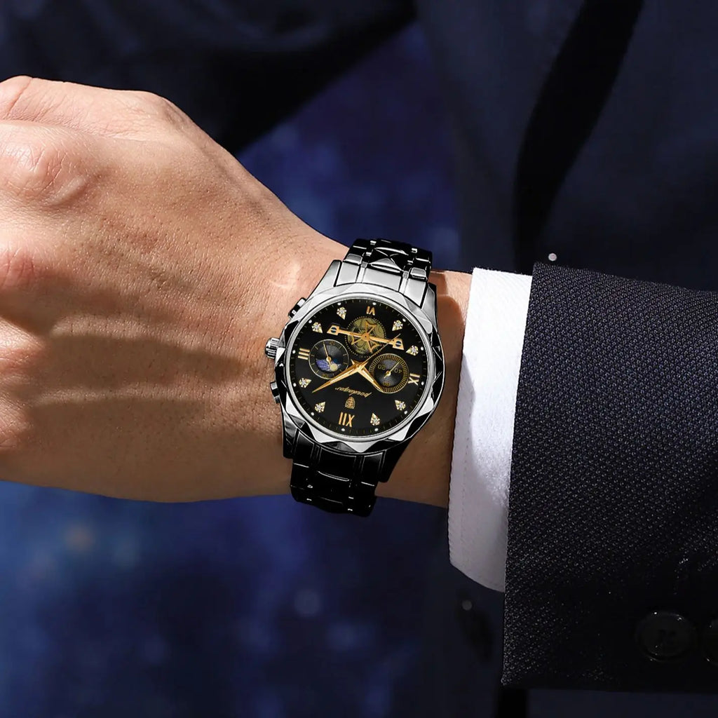 Round Chronograph Watch – Roman Numeral Dial with Hidden Clasp Bracelet