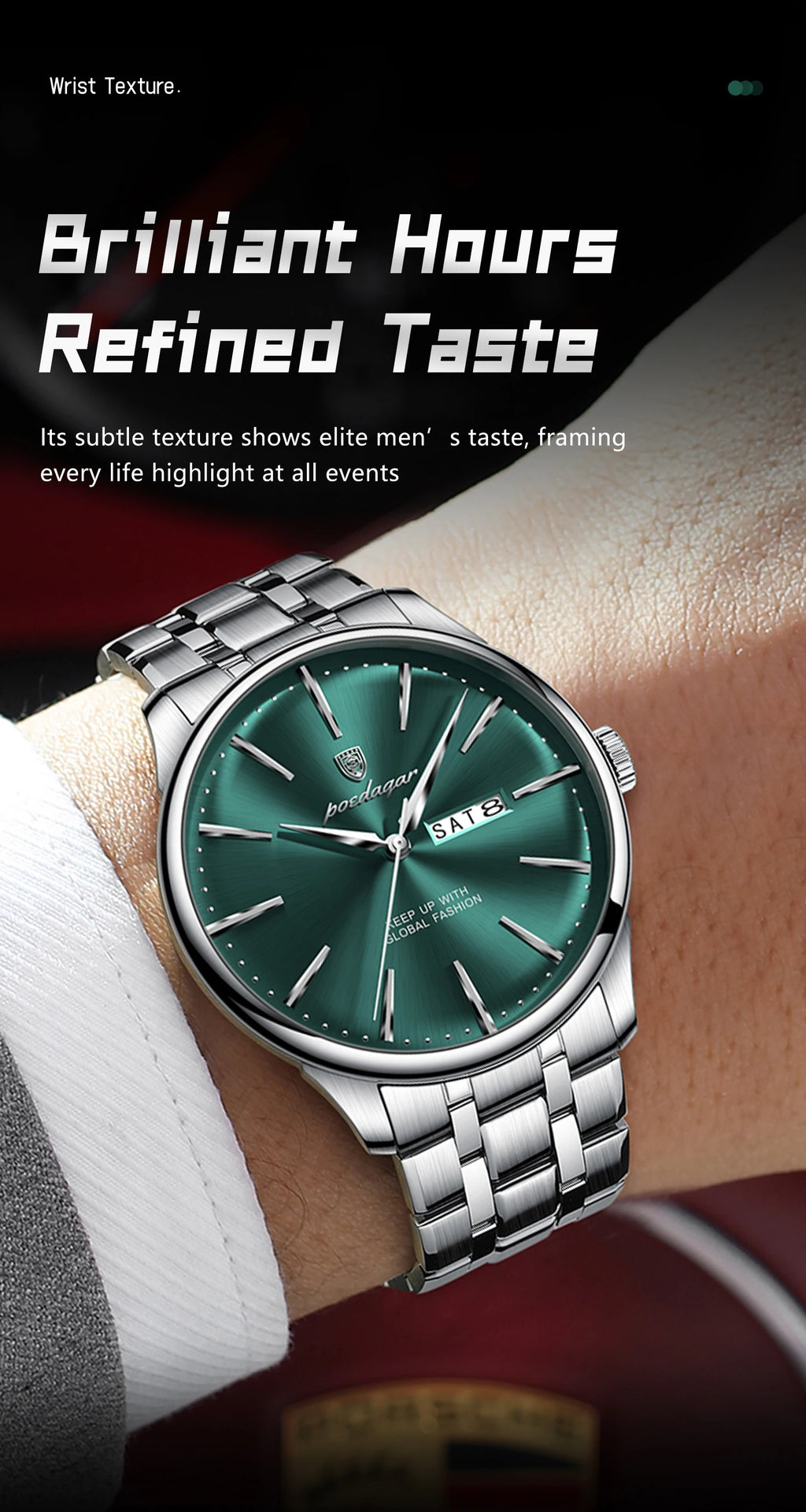 Full Calendar Stainless Steel Watch – Date & Week Display with Hidden Clasp