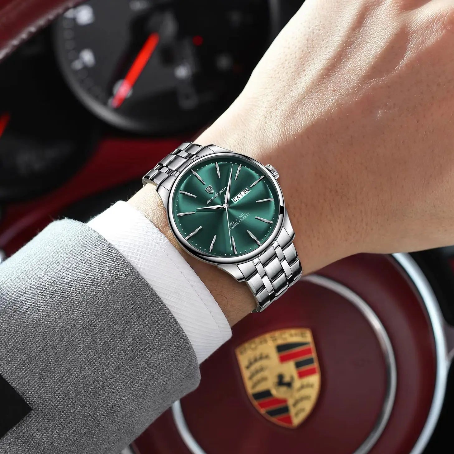 Full Calendar Stainless Steel Watch – Date & Week Display with Hidden Clasp