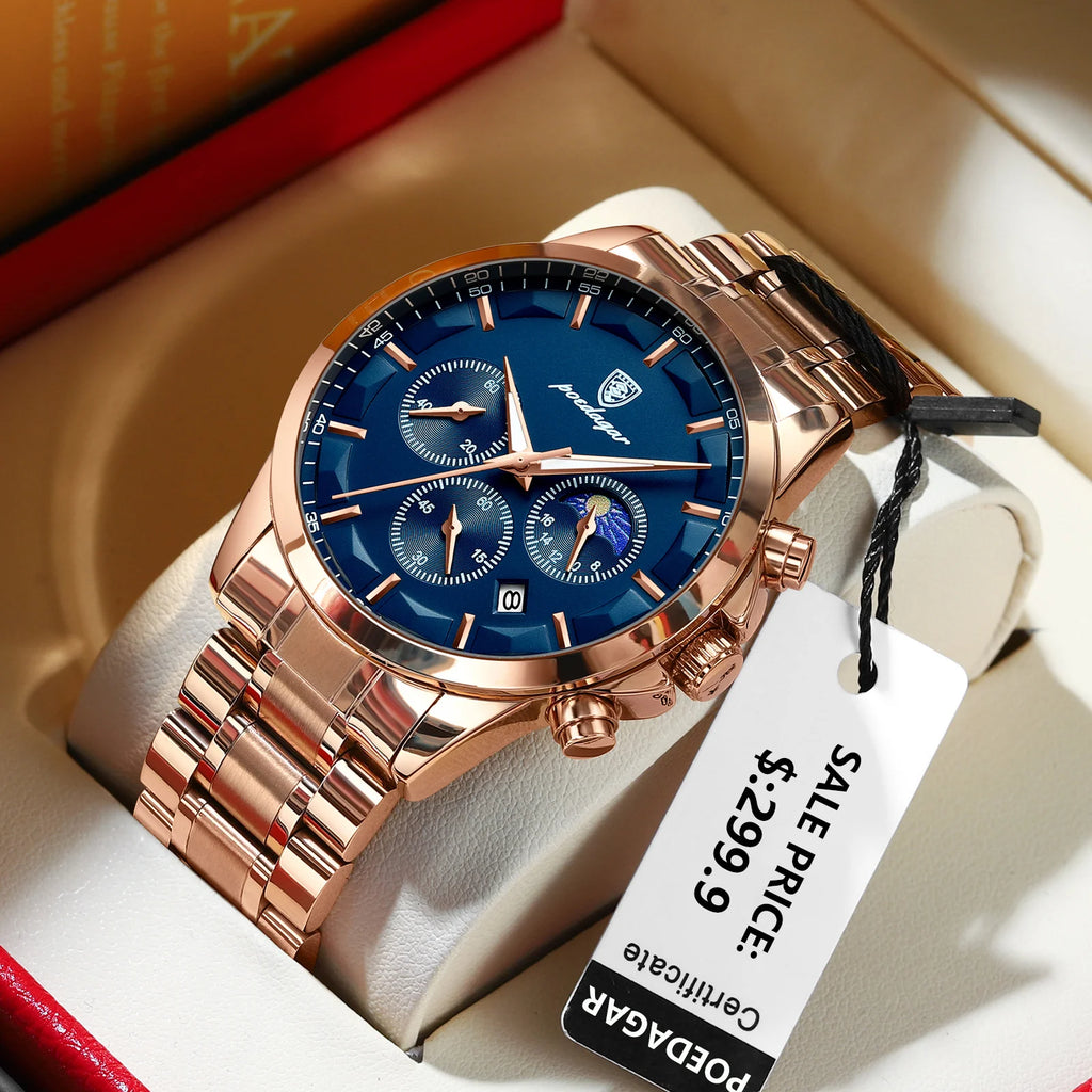 Moon Phase Full Calendar Watch – Luminous Dial with Stainless Steel Bracelet