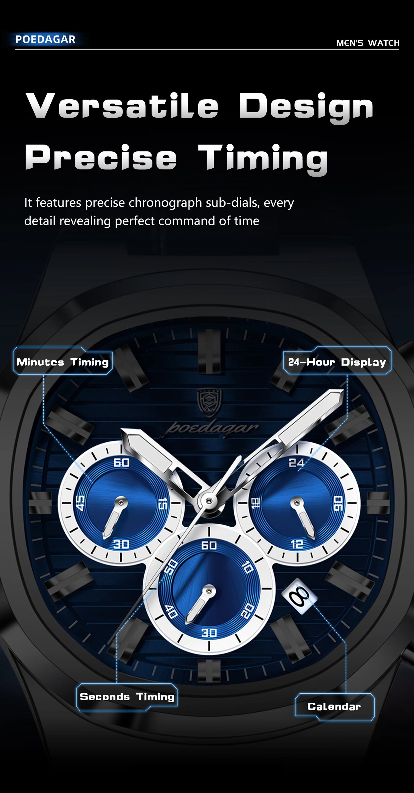 Square Chronograph Watch – Luxe Leather Strap with Luminous Dial & Date