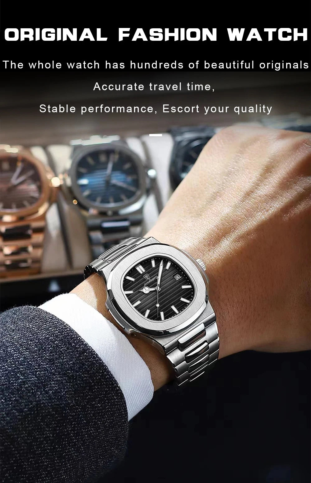 Square Business Watch – Luminous Numberless Dial with Hidden Clasp