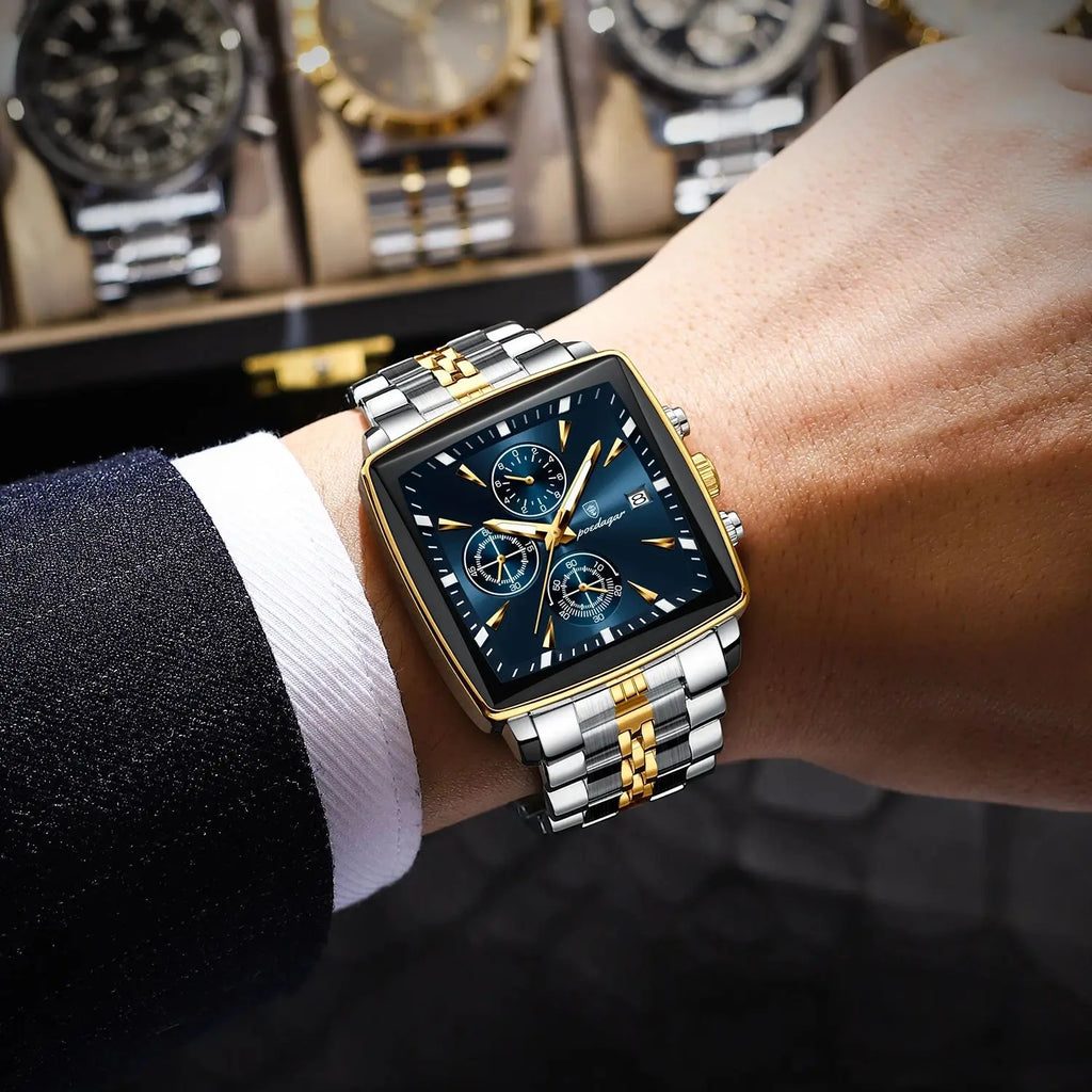 Square Chronograph Watch – Numberless Dial with Hidden Clasp Bracelet