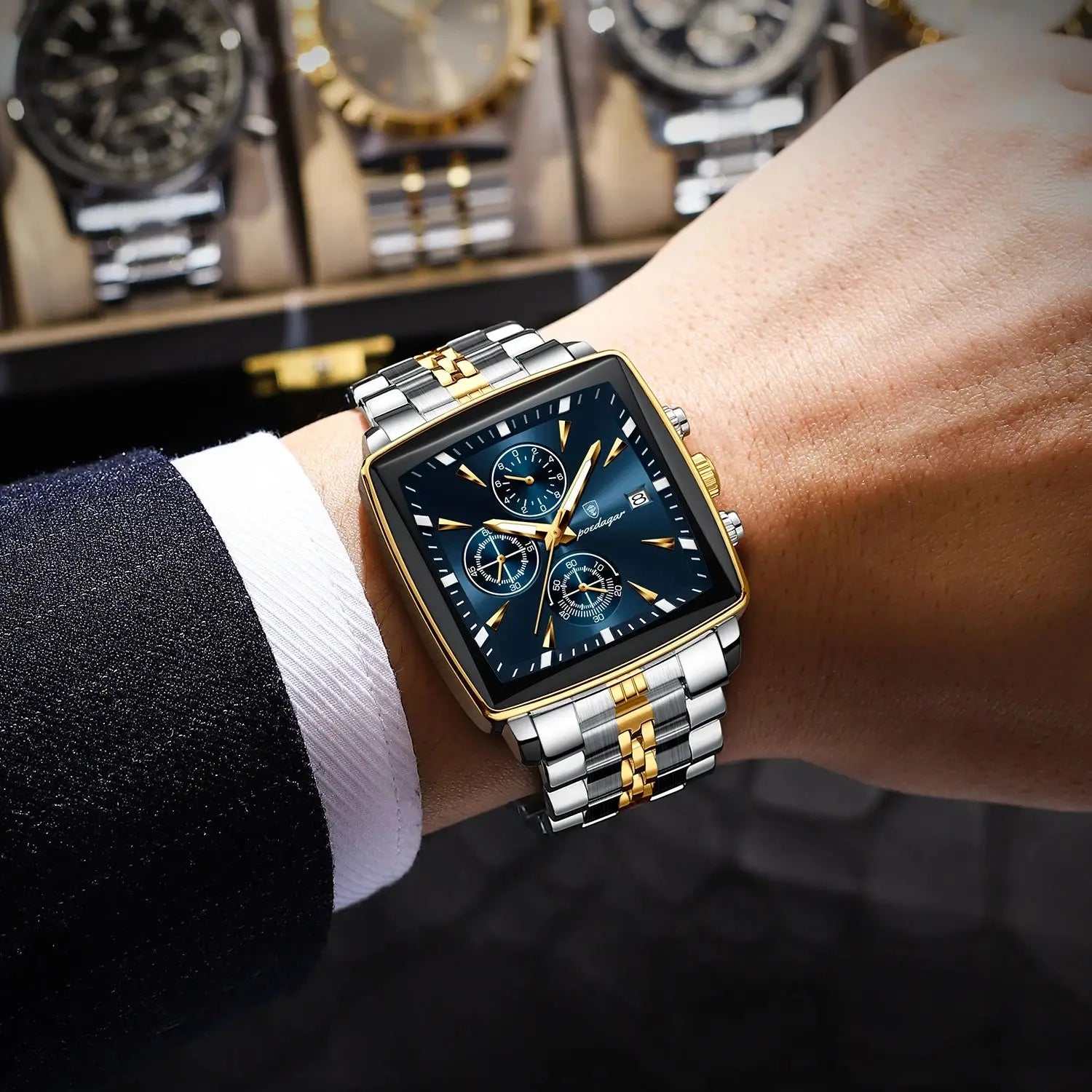 Square Chronograph Watch – Numberless Dial with Hidden Clasp Bracelet